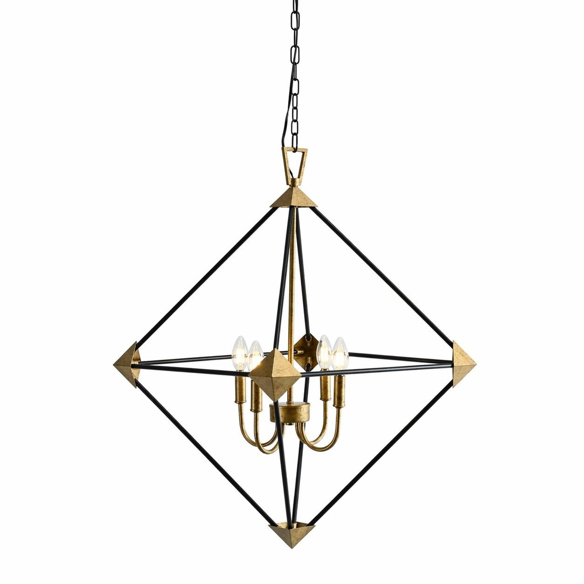 RYHNUYNE - Modern 4‑Light Lantern Chandelier, Metal Hanging Pendant Light Fixture for Dining Room Foyer - Black+Gold