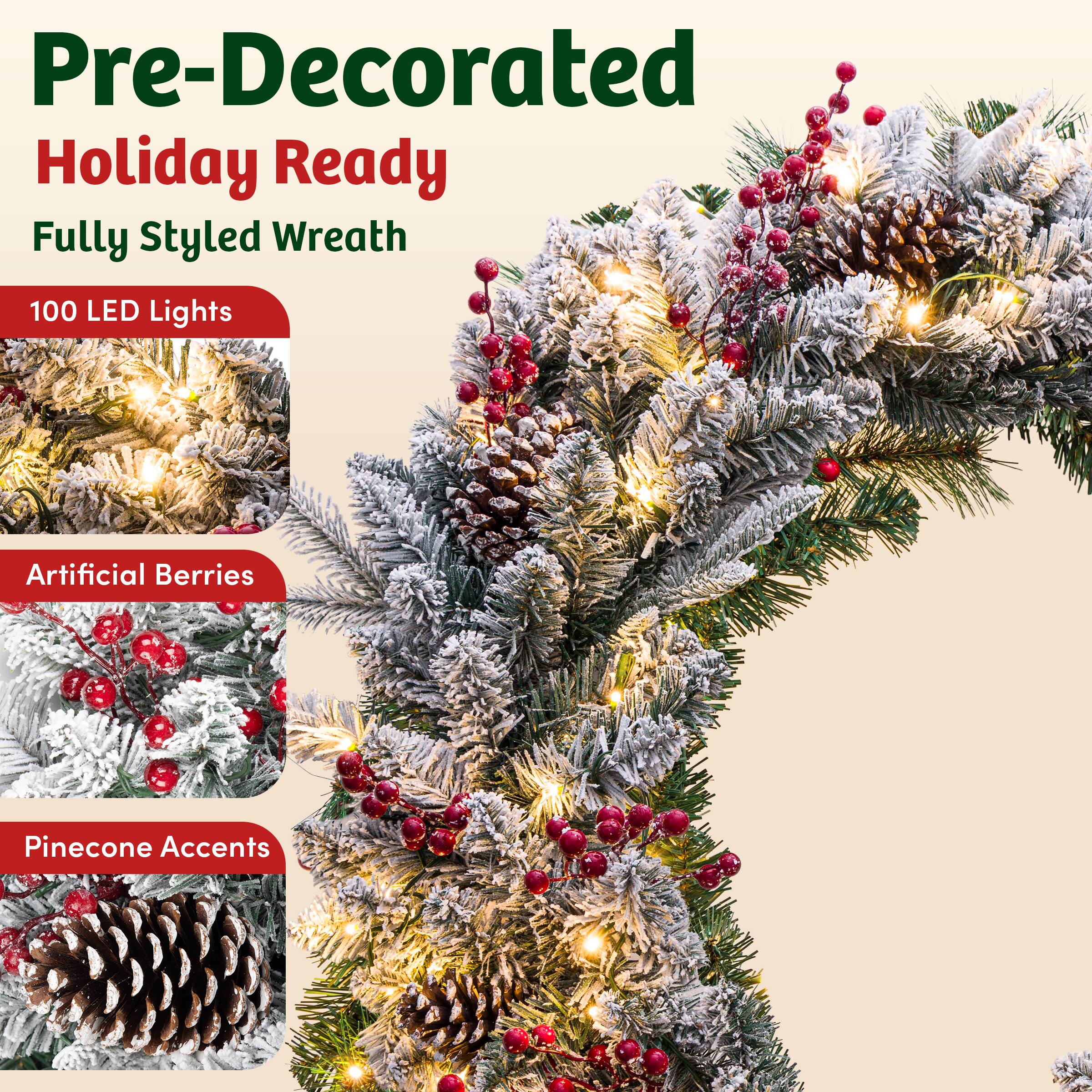 Pre-Decorated Holiday Ready Fully Styled Wreath  
100 LED Lights  
Artificial Berries  
Pinecone Accents