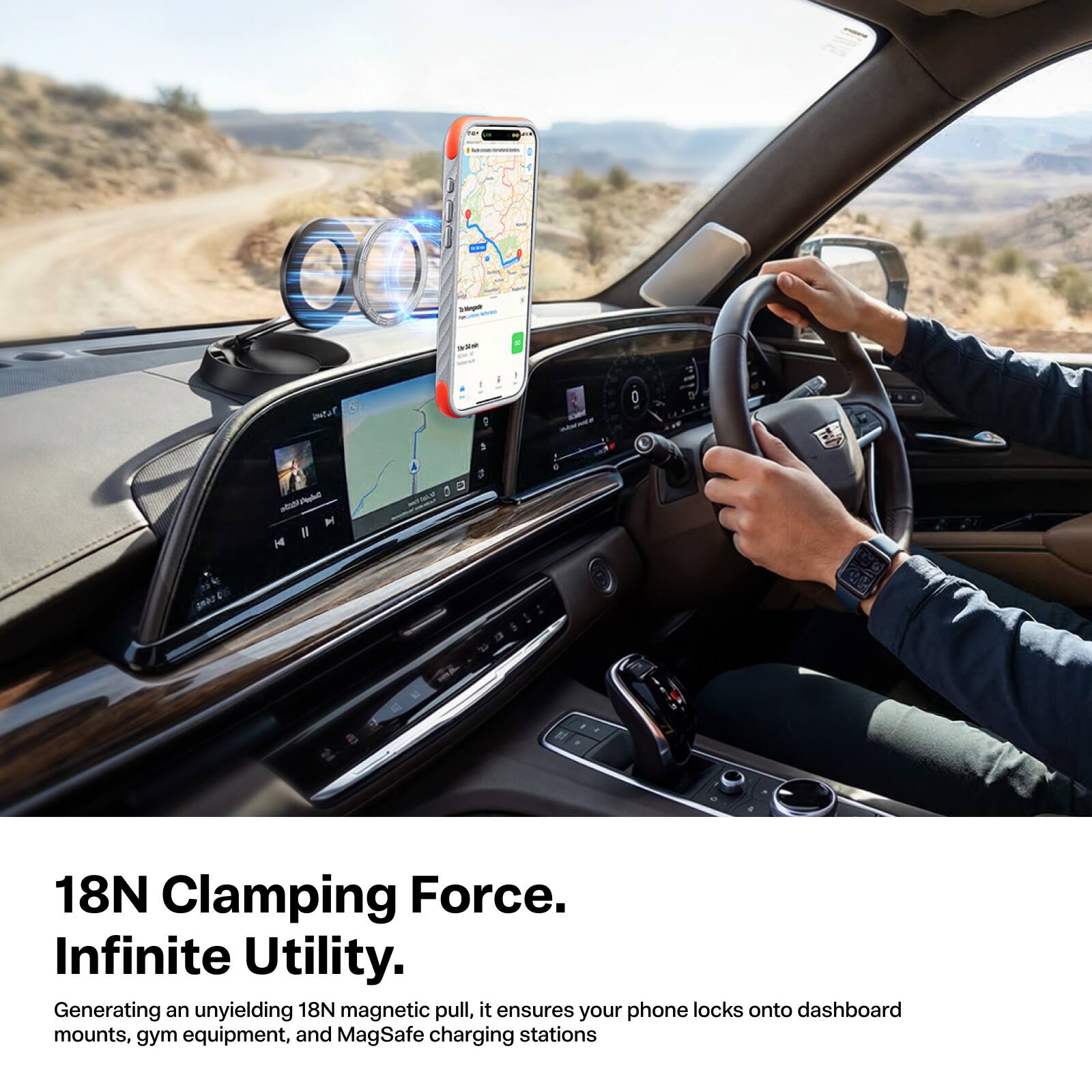 18N Clamping Force. Infinite Utility.  
Generating an unyielding 18N magnetic pull, it ensures your phone locks onto dashboard mounts, gym equipment, and MagSafe charging stations