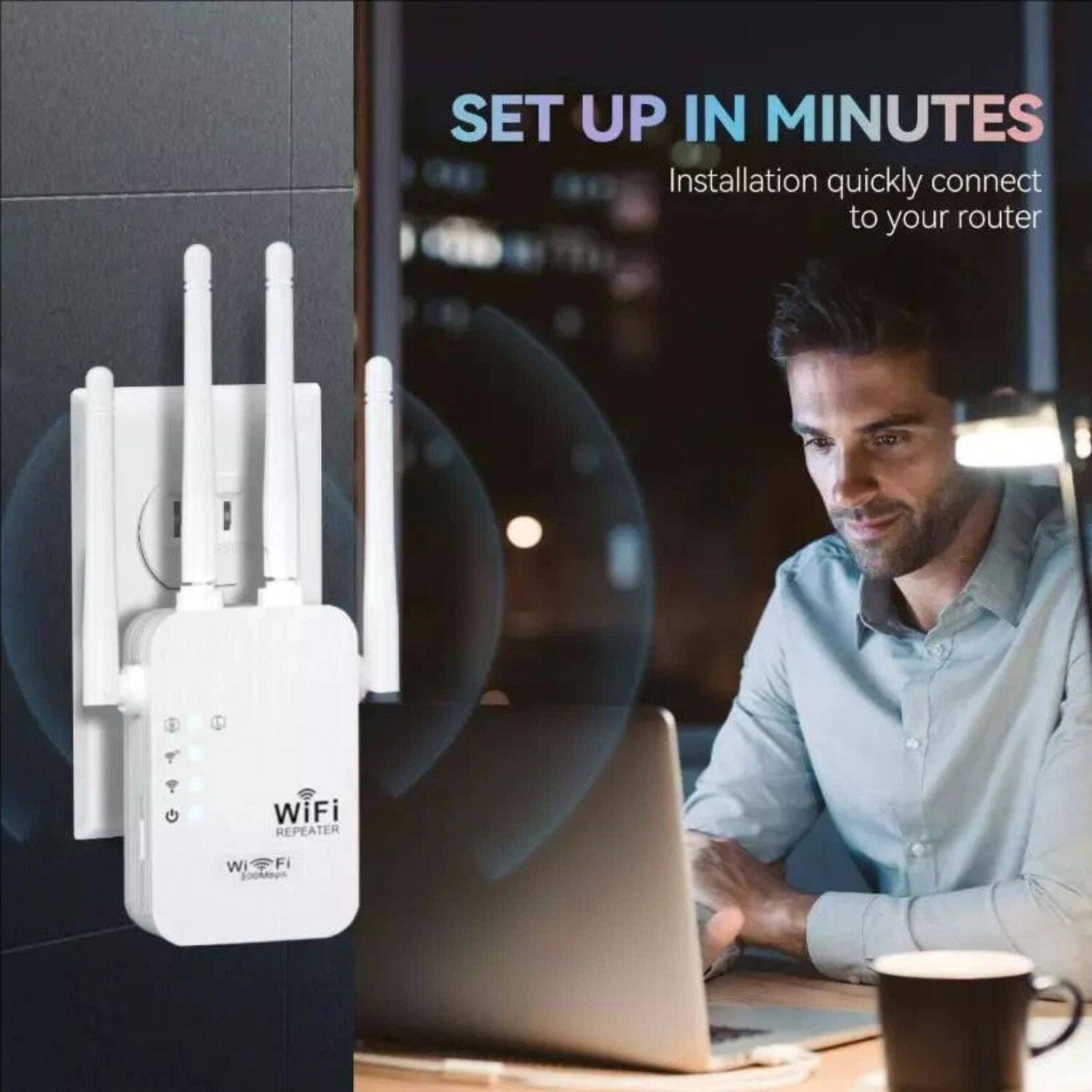 SET UP IN MINUTES  
Installation quickly connect to your router  

WiFi REPEATER  
WiFi  
100Mbps