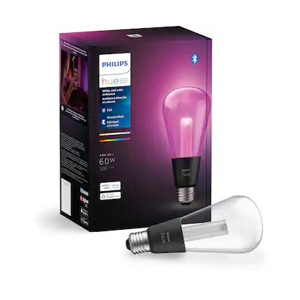 The image features a box of Philips Hue light bulbs, which are LED lights that can be controlled by a smartphone app. The box contains a purple light bulb, which is one of the many colors available for these lights. The box also includes a Philips Hue starter kit, which includes a bridge and a remote control for easy setup and control of the lights.