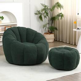 Trinkets Crazed - Tufted Teddy Plush Bean Bag Chair & Footrest Ottoman, Oversized Comfy Lounge Sofa - Green