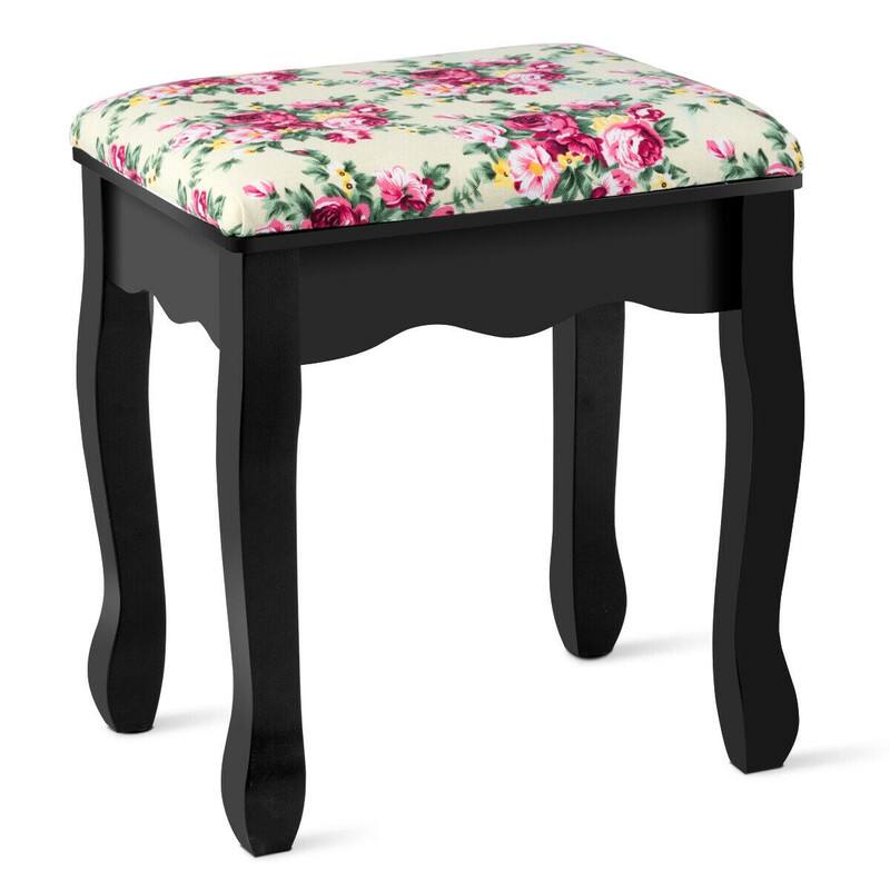 Alt View 1. WELLFOR - Makeup Vanity Set with 360° Pivoted Round Mirror & Stool, Vintage Vanity Table and Cushioned Stool Set - Black.