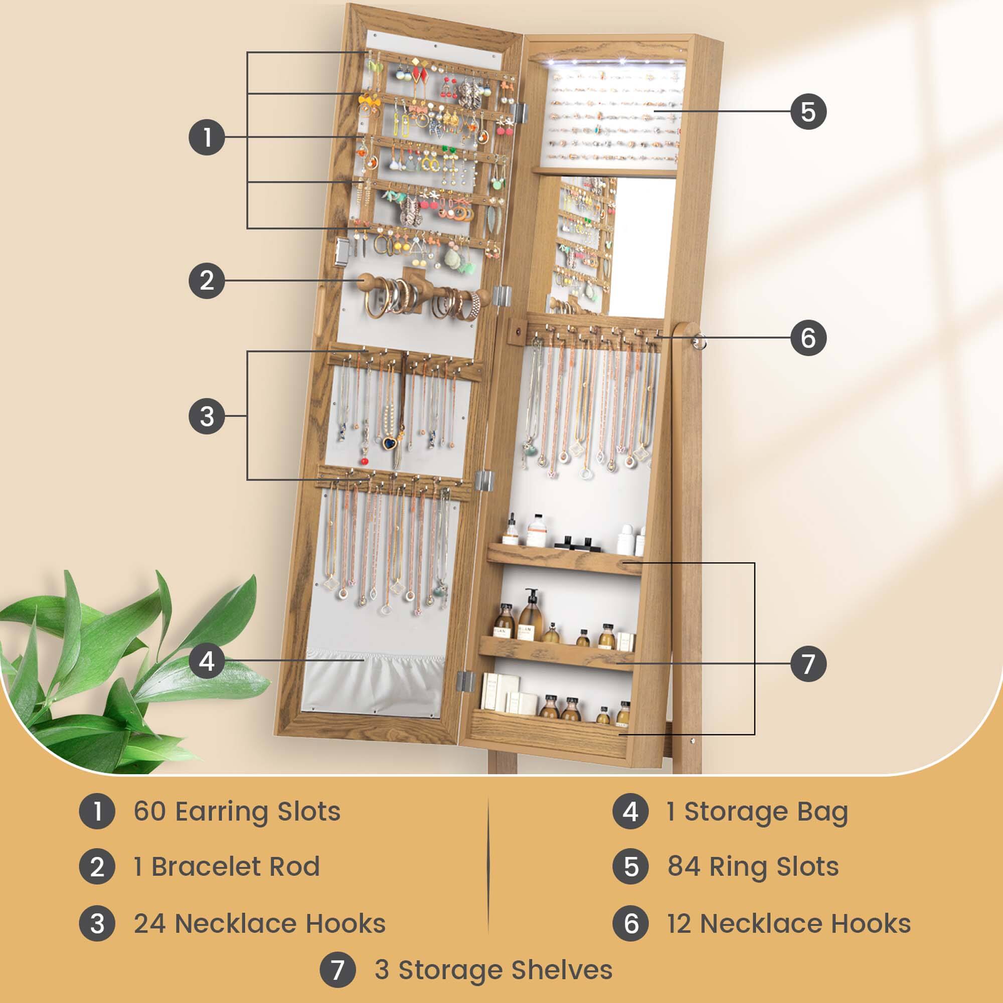 1. 60 Earring Slots  
2. 1 Bracelet Rod  
3. 24 Necklace Hooks  
4. 1 Storage Bag  
5. 84 Ring Slots  
6. 12 Necklace Hooks  
7. 3 Storage Shelves
