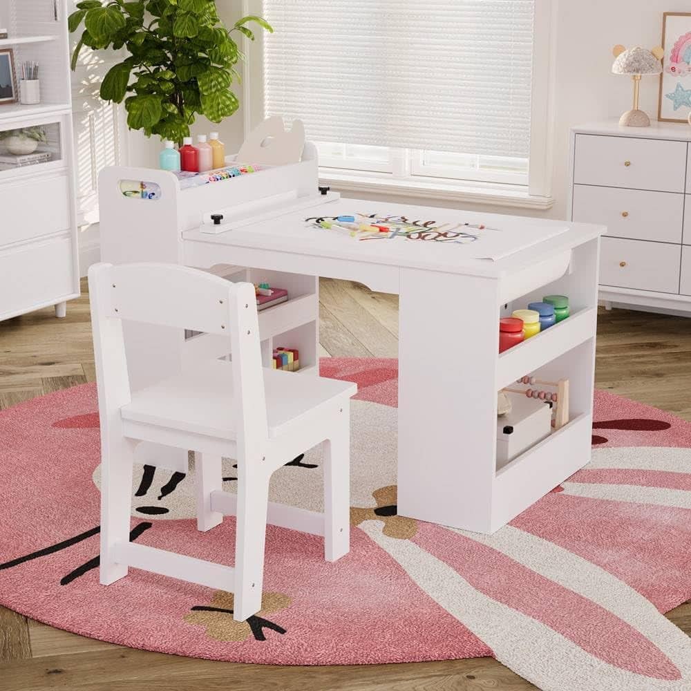 Electrodes Masters - Toddler Art Table Set - Play Wooden Activity Desk with 2 Chairs, Ample Storage for Nursery Use - White