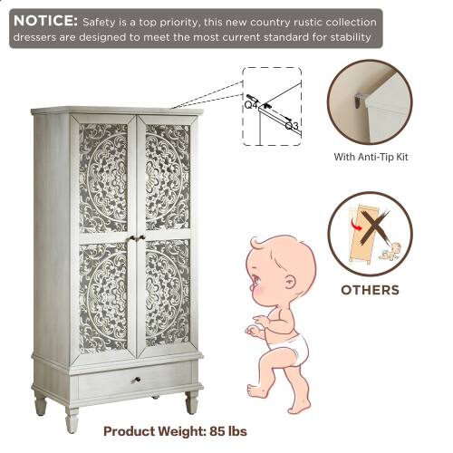 NOTICE: Safety is a top priority, this new country rustic collection dressers are designed to meet the most current standard for stability. With Anti-Tip Kit

OTHERS

Product Weight: 85 lbs