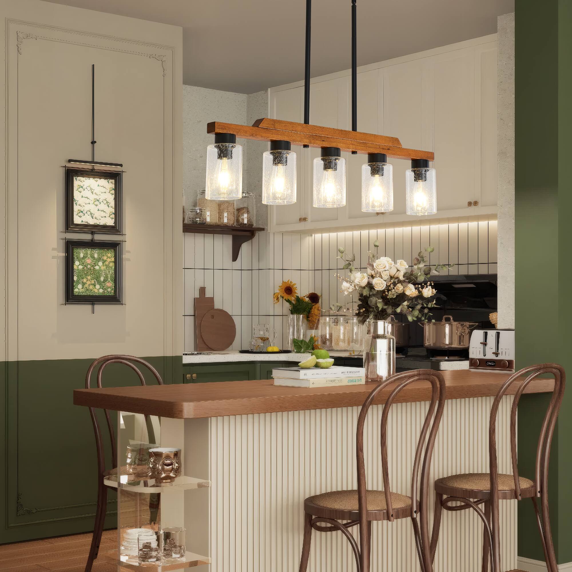 Left. RYHNUYNE - 5-Light Rustic Chandelier 35 Inch Wood Linear Pendant Light with Seed Glass Shades, Adjustable Farmhouse Island Lighting.