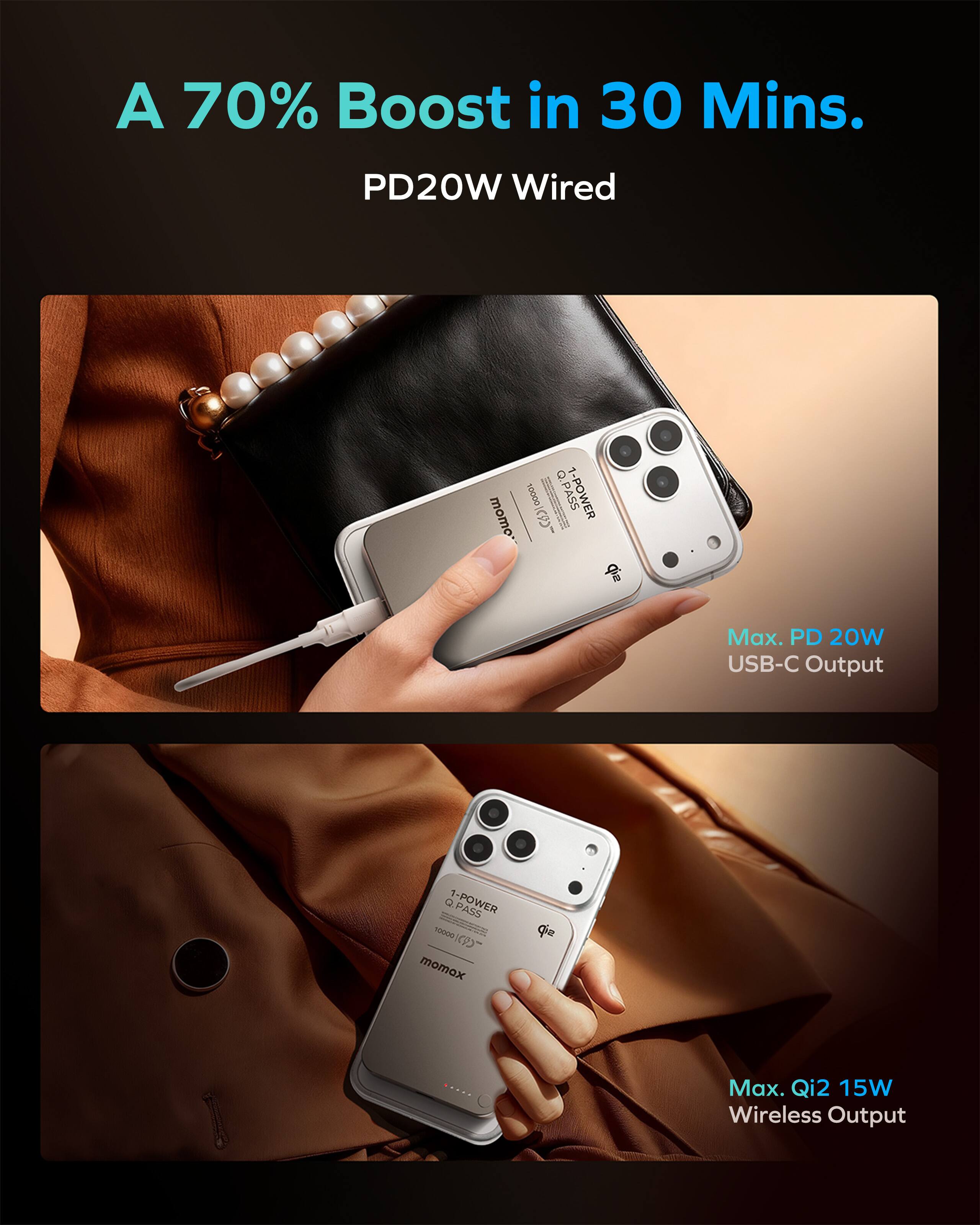A 70% Boost in 30 Mins.

PD20W Wired

Max. PD 20W USB-C Output

Max. Qi2 15W Wireless Output