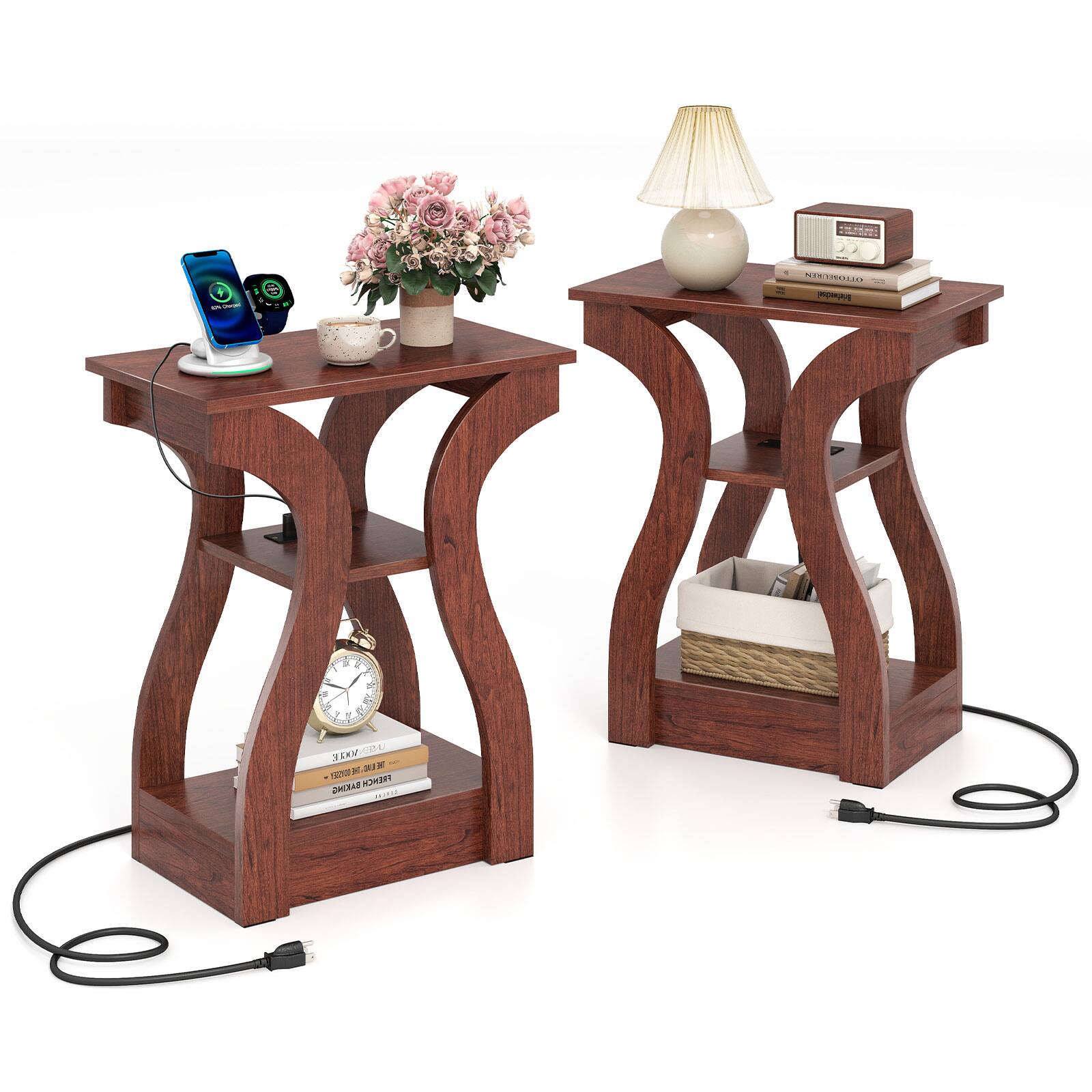 Gymax - End Tables w/Charging Station Set of 2 3-Tier Side Tables w/USB Ports & Outlets Cherry - Red