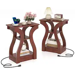 Gymax - End Tables w/Charging Station Set of 2 3-Tier Side Tables w/USB Ports & Outlets Cherry - Red