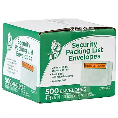 Security Packing List Envelopes
- Clear window shows contents
- Peel-back adhesive backing
- Waterproof
500 ENVELOPES
4 IN X 5 IN (10.1 cm X 12.7 cm)
Packing List Enclosed