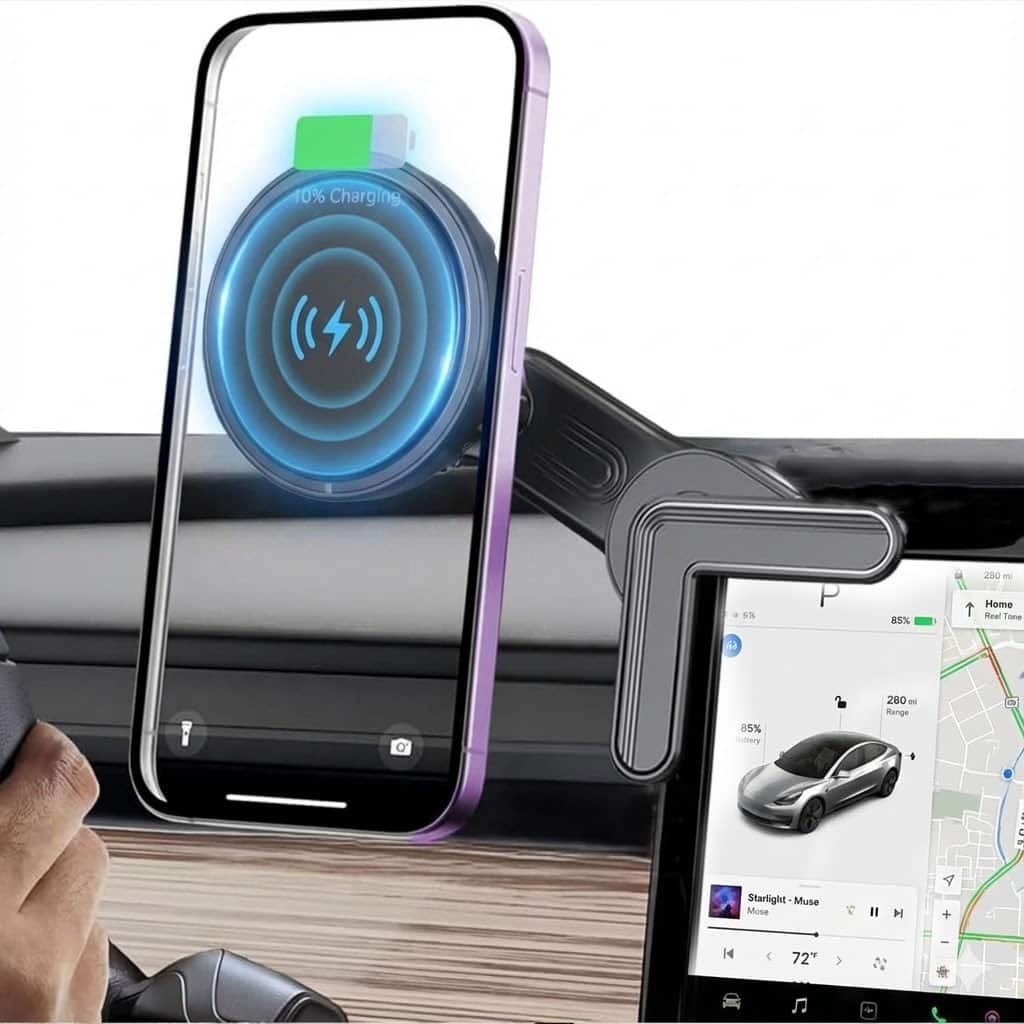Esoulk - 25W Qi 2.2 Cooling Magnetic Wireless Phone Car Charger For Tesla Monitor Mount Compatible with iPhone 17 Pro Max - Black
