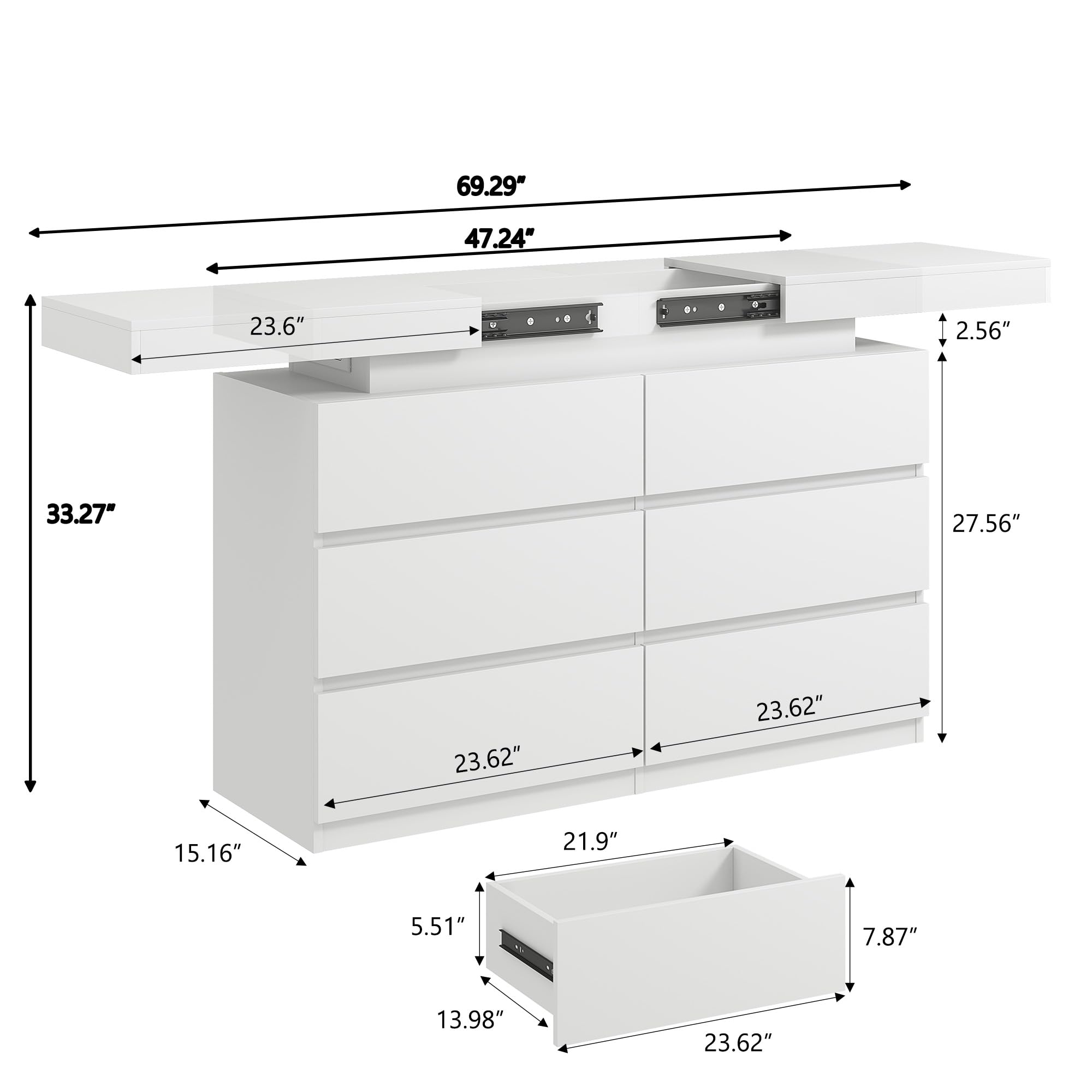 Sure, here is the corrected and grouped text from the image:

- **Top Surface:**
  - Length: 69.29"
  - Width: 47.24"
  - Depth: 2.56"

- **Left Side:**
  - Height: 33.27"
  - Depth: 23.6"

- **Right Side:**
  - Height: 27.56"
  - Depth: 23.62"

- **Front:**
  - Height: 15.16"
  - Width: 23.62"
  - Depth: 23.62"

- **Drawer:**
  - Height: 5.51"
  - Width: 23.62"
  - Depth: 13.98"

- **Bottom Shelf:**
  - Height: 7.87"
  - Width: 21.9"
  - Depth: 23.62"