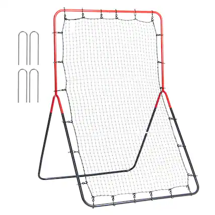 Front. VEVOR - Baseball And Softball Rebounder Net, 3 x 4.5 ft PitchBack Baseball Pitching Nest, 3-Way Baseball, Softball Pitchback Net - Red + black.