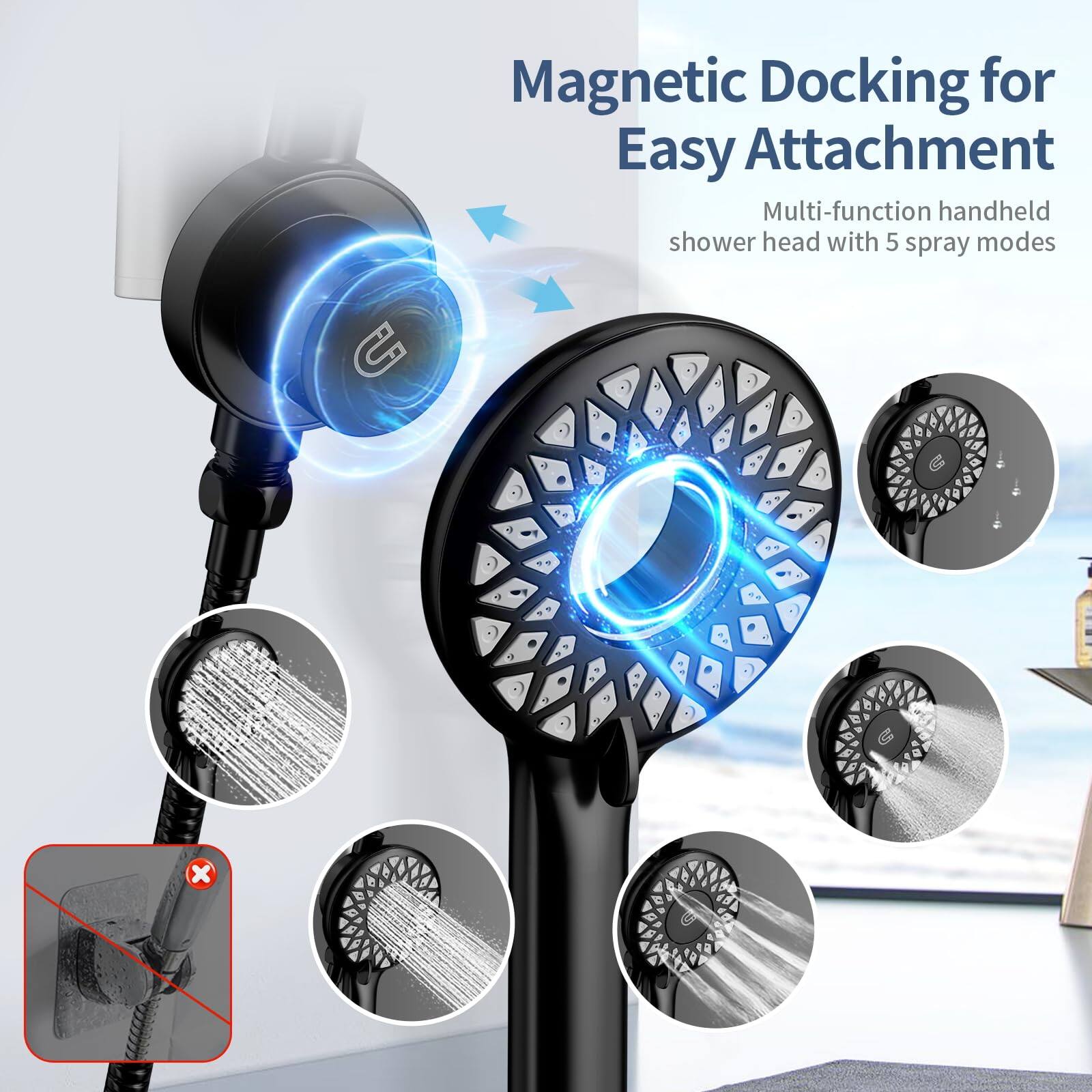 Magnetic Docking for Easy Attachment  
Multi-function handheld shower head with 5 spray modes