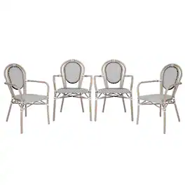 Emma + Oliver - 4 Pack Stacking Bistro Chair with Bamboo Print Metal Frame - Black & White/Light Natural Frame