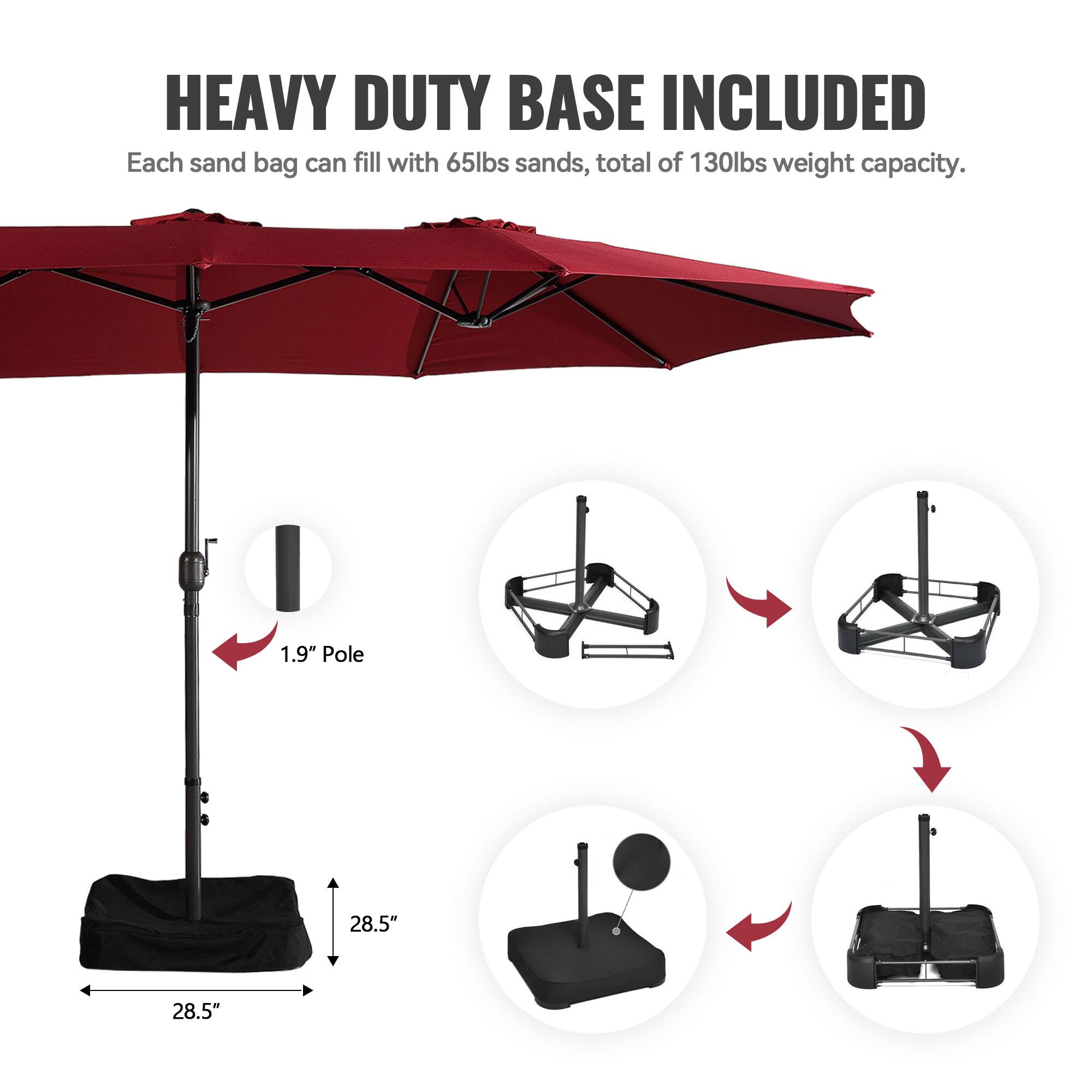 HEAVY DUTY BASE INCLUDED  
Each sand bag can fill with 65lbs sands, total of 130lbs weight capacity.  
1.9" Pole  
28.5"  
28.5"