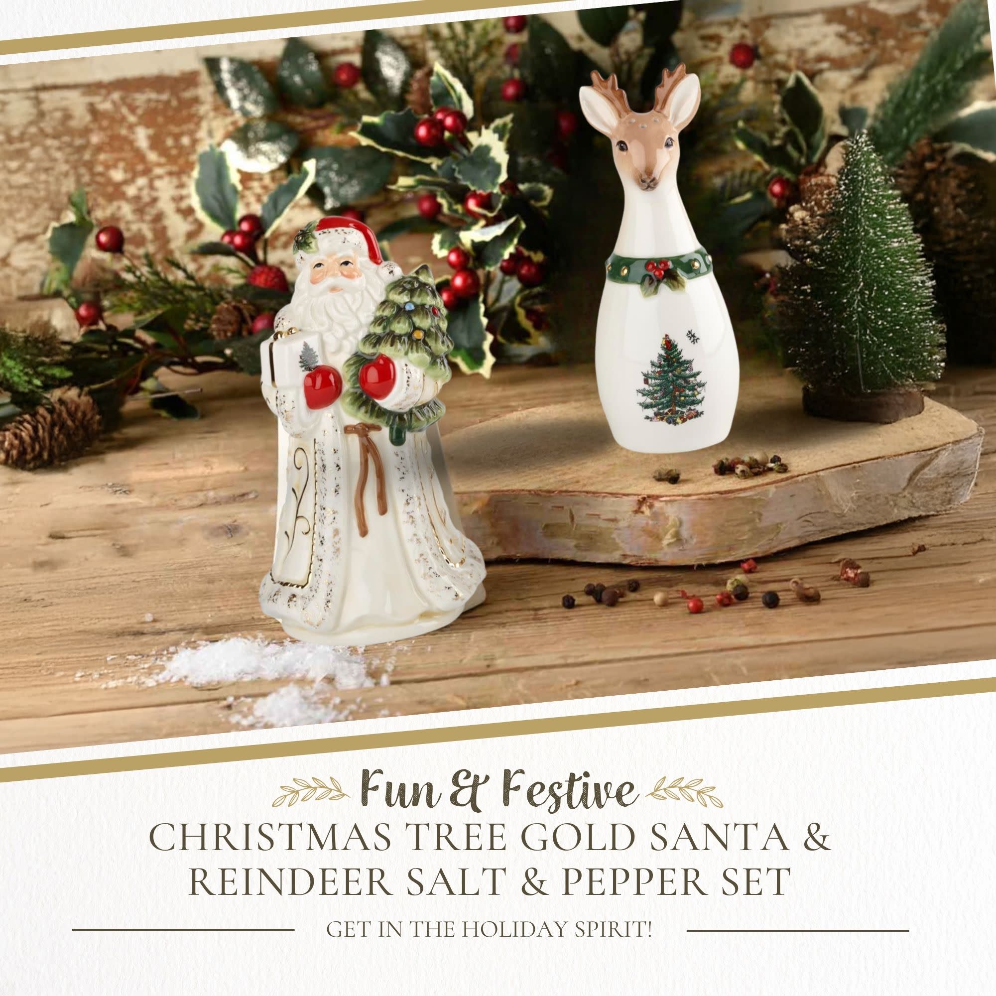 Fun & Festive CHRISTMAS TREE GOLD SANTA & REINDEER SALT & PEPPER SET  
GET IN THE HOLIDAY SPIRIT!
