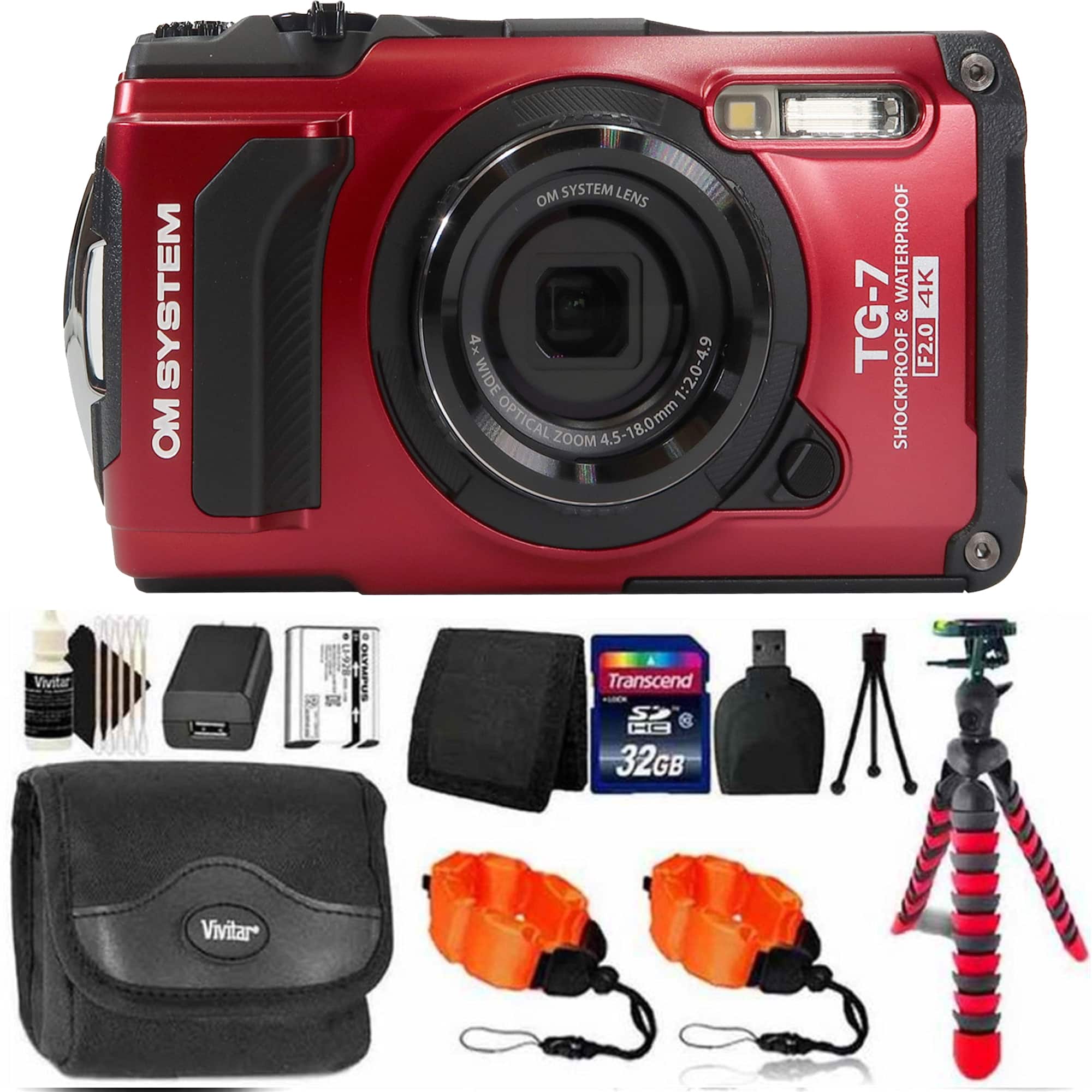 OM System - Tough TG-7 Digital Camera with 32GB Memory Card Accessory Kit - Red