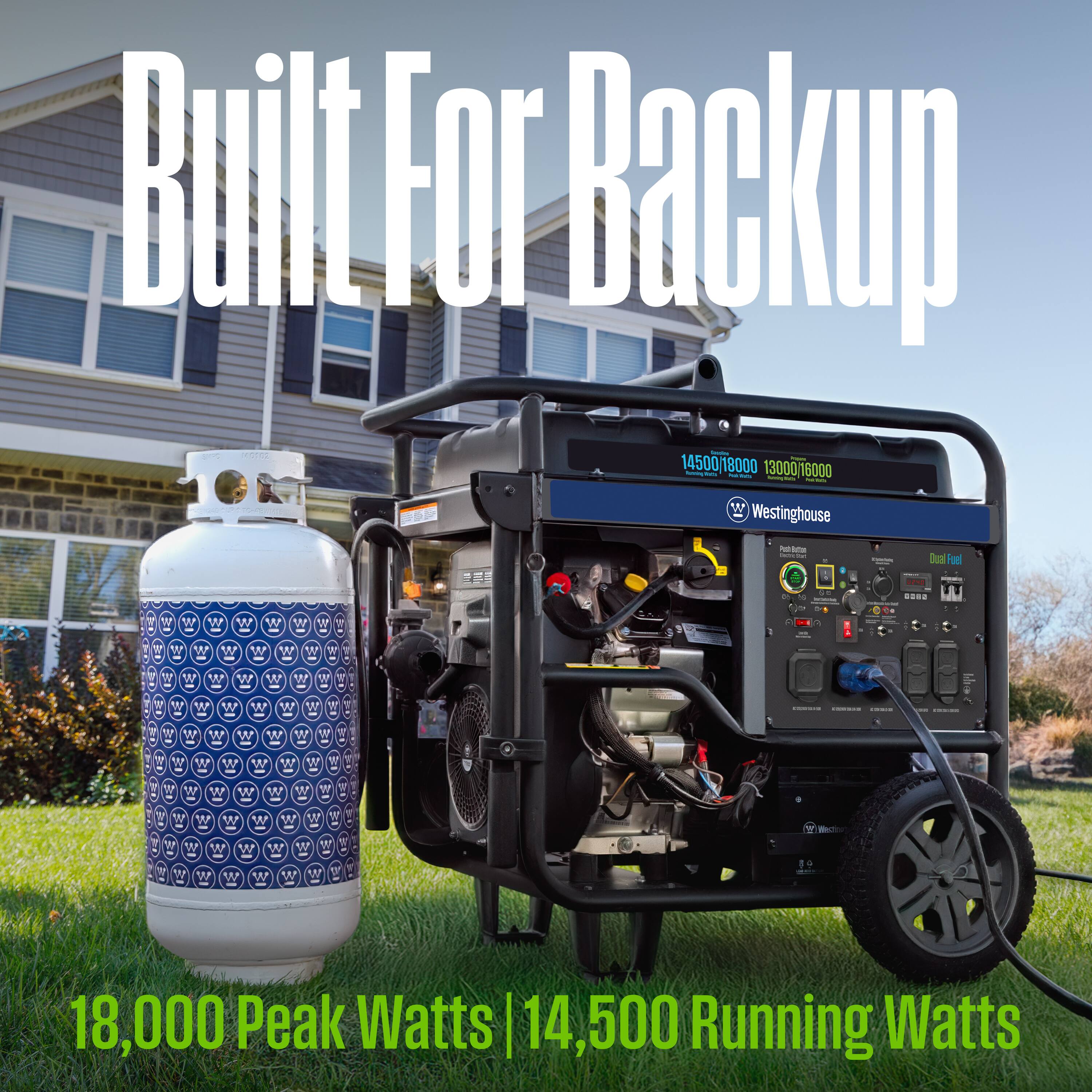 Built For Backup

14500/18000 13000/16000

Westinghouse Dual Fuel

18,000 Peak Watts | 14,500 Running Watts