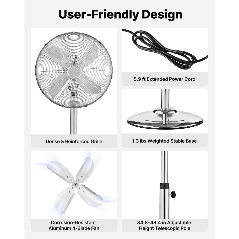 User-Friendly Design  
5.9 ft Extended Power Cord  
Dense & Reinforced Grille  
1.3 lbs Weighted Stable Base  
Corrosion-Resistant Aluminum 4-Blade Fan  
34.8-48.4 in Adjustable Height Telescopic Pole