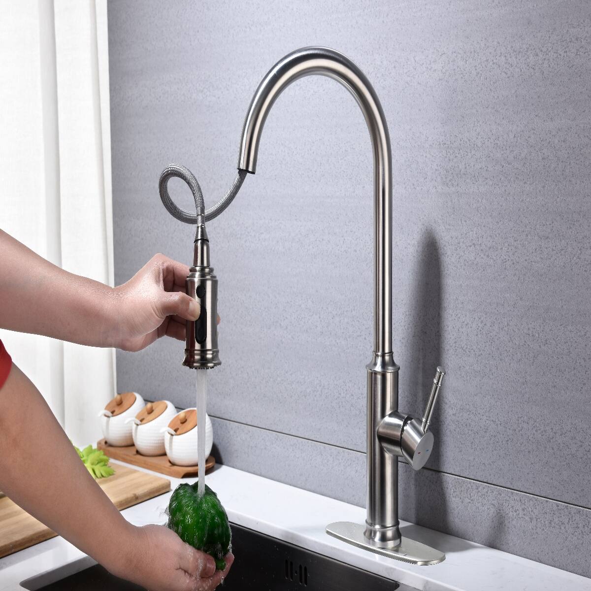 Back. Ropilly - Ropilly Pull Down Kitchen Faucet, Brushed Nickel Single Handle High Arc Faucet with Pull Down Sprayer - Brushed Nickel.