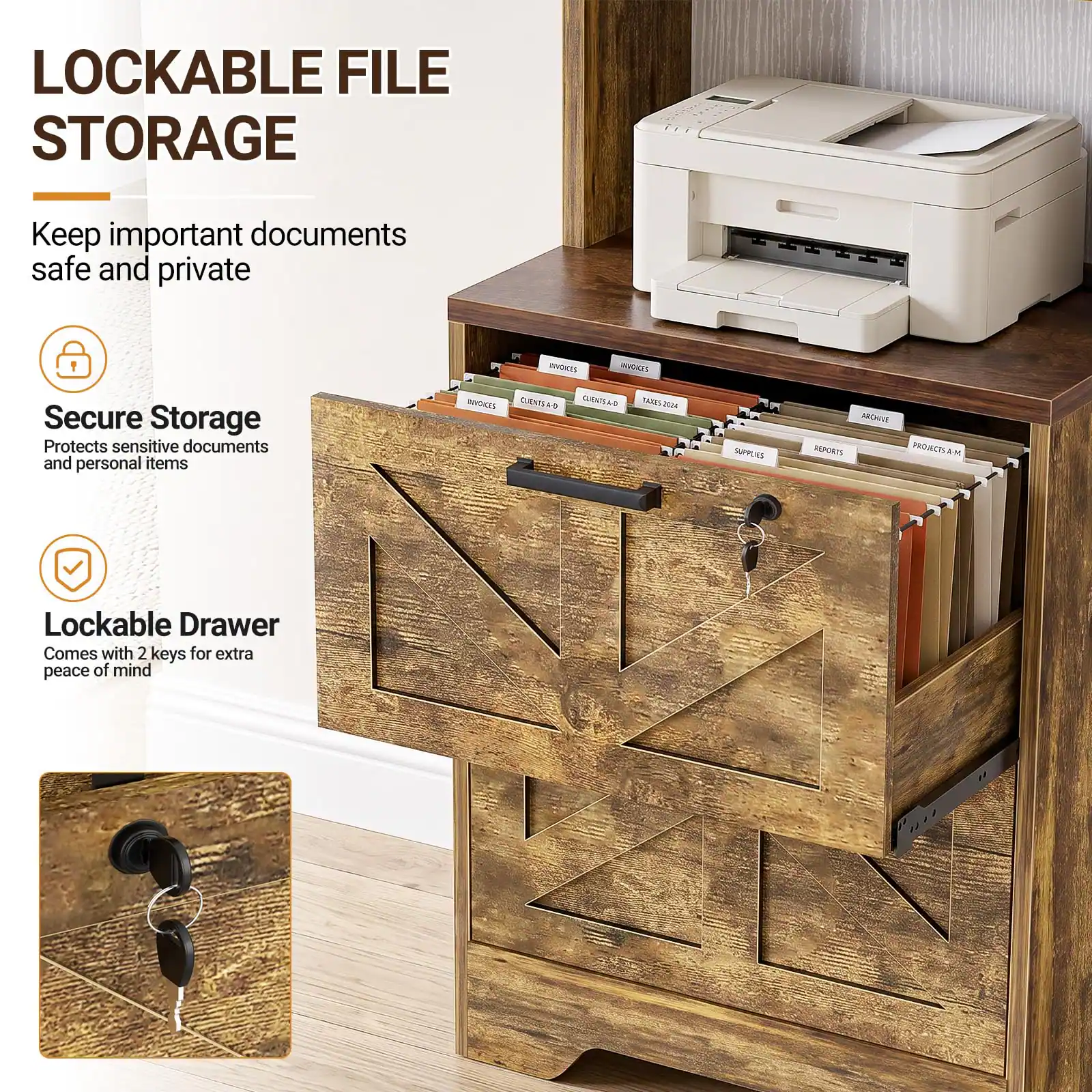 LOCKABLE FILE STORAGE  
Keep important documents safe and private  

Secure Storage  
Protects sensitive documents and personal items  

Lockable Drawer  
Comes with 2 keys for extra peace of mind
