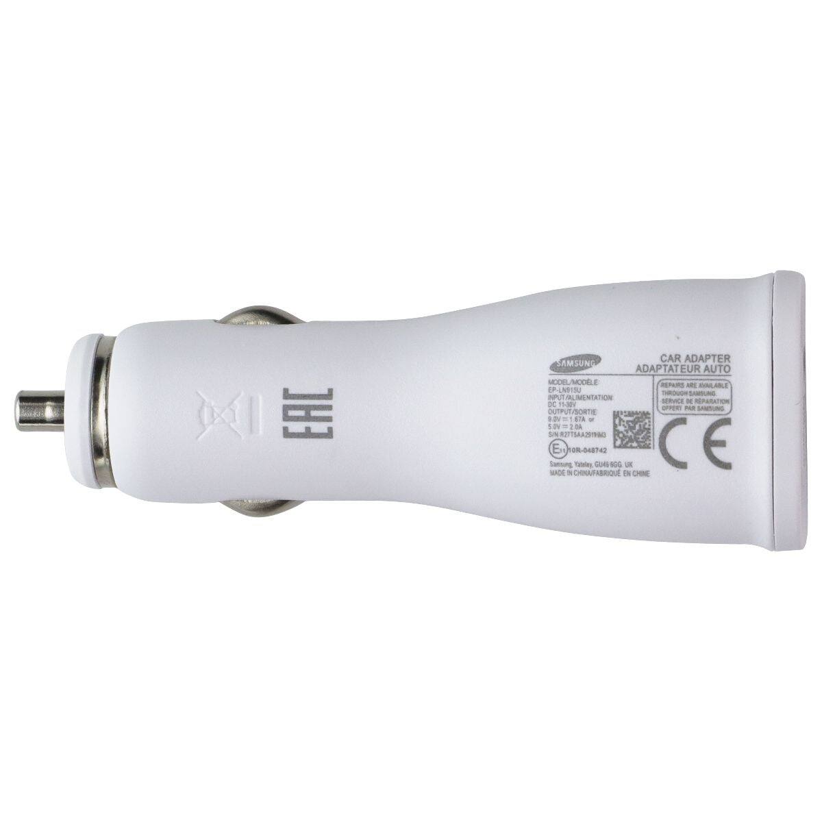 CAR ADAPTER SAMSUNG ADAPTATEUR AUTO  
MODEL/MODELE: EP-LN91SU  
REPAIRS ARE GUARANTEED THROUGH SAMSUNG  
INPUT/ALIMENTATION: DC 11-1OV  
OUTPUT/SORTIE: 9V=1.67A or 5V=2.0A  
S/N: R277SAA2919M3  
Samnung B OR-048742  
Vateley, GU49-9GG UK  
CE MADE IN CHINA/FABRIQUE EN CHINE