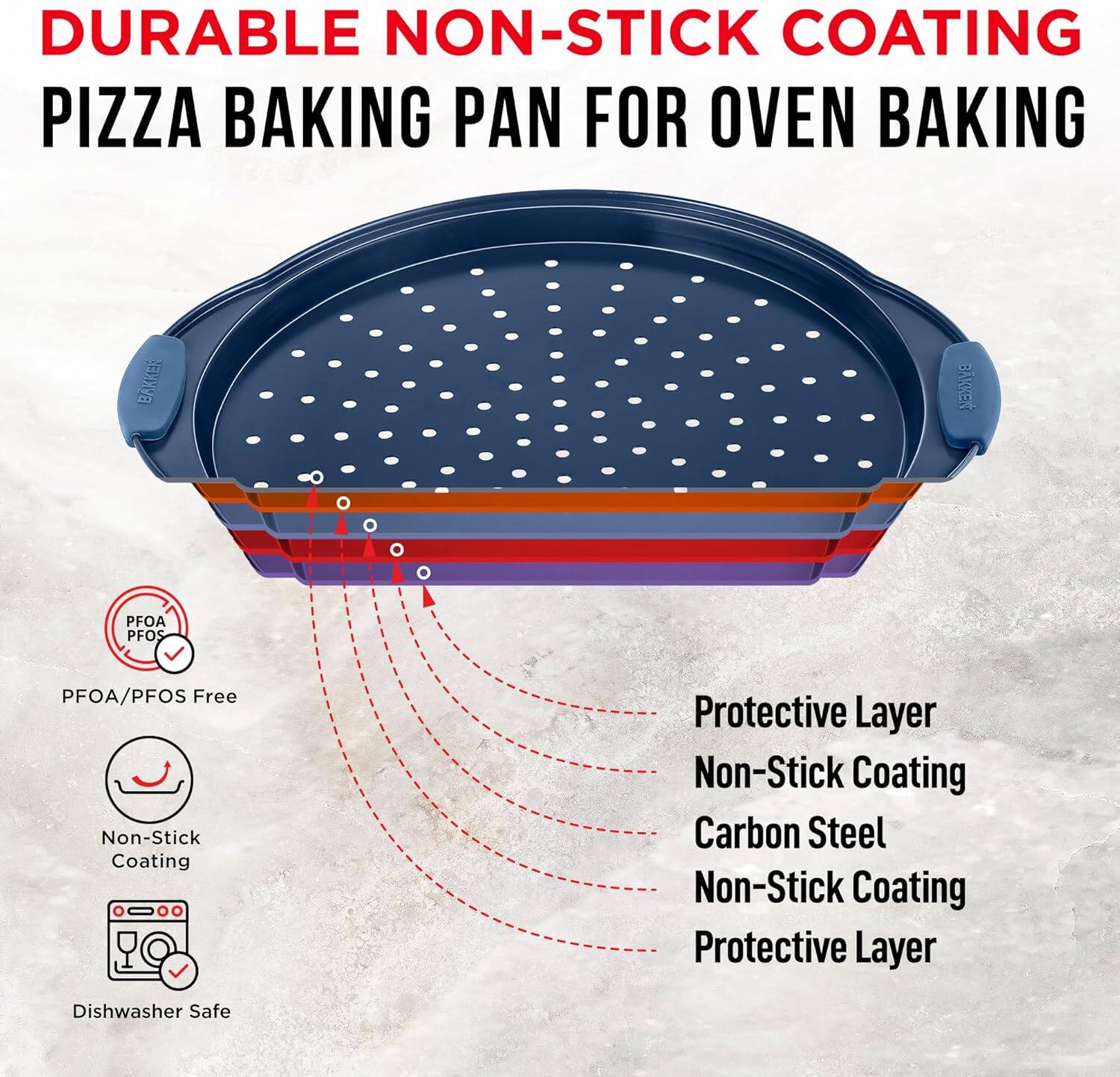 DURABLE NON-STICK COATING PIZZA BAKING PAN FOR OVEN BAKING

PFOA/PFOS Free
Non-Stick Coating
Protective Layer
Carbon Steel
Non-Stick Coating
Protective Layer
Dishwasher Safe