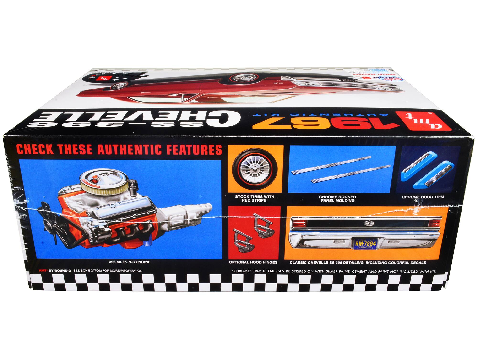 - Authentic Chevelle 1967 SS-396
- Check these authentic features
  - Stock tires with red stripe
  - Chrome rocker panel molding
  - Chrome hood trim
  - Optional hood hinges
  - Classic Chevelle SS 396 detailing, including colorful decals
- 396 cu. in. V-8 engine
- "Chrome" trim detail can be striped on white silver paint
- Cement and paint not included with kit
- RM-7894
- By Round 2 - See box bottom for more information