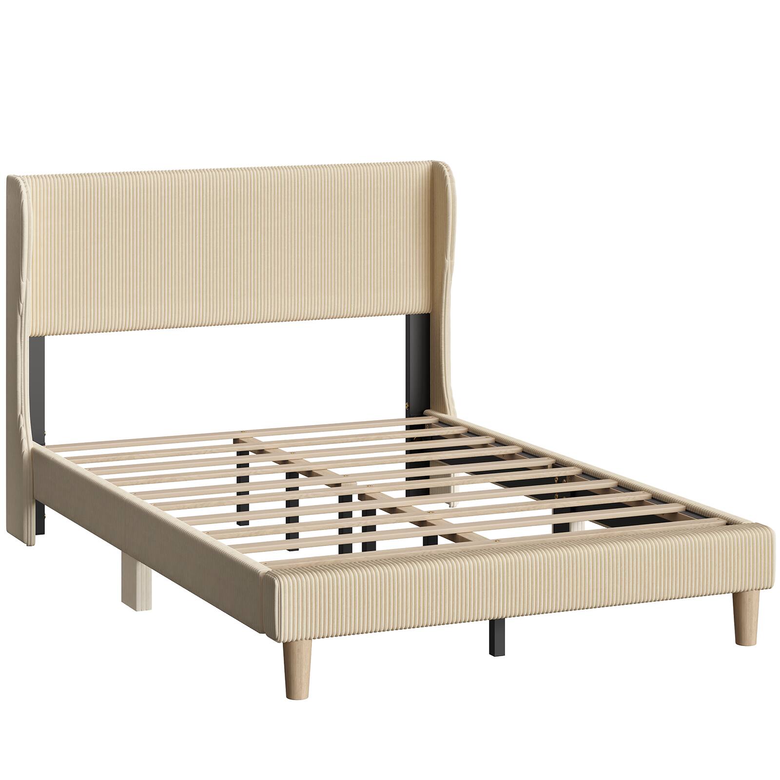 Alt View 4. Bestier - Wood Frame Corduroy Upholstered Platform Bed Frame with Wingback Headboard - Taupe.