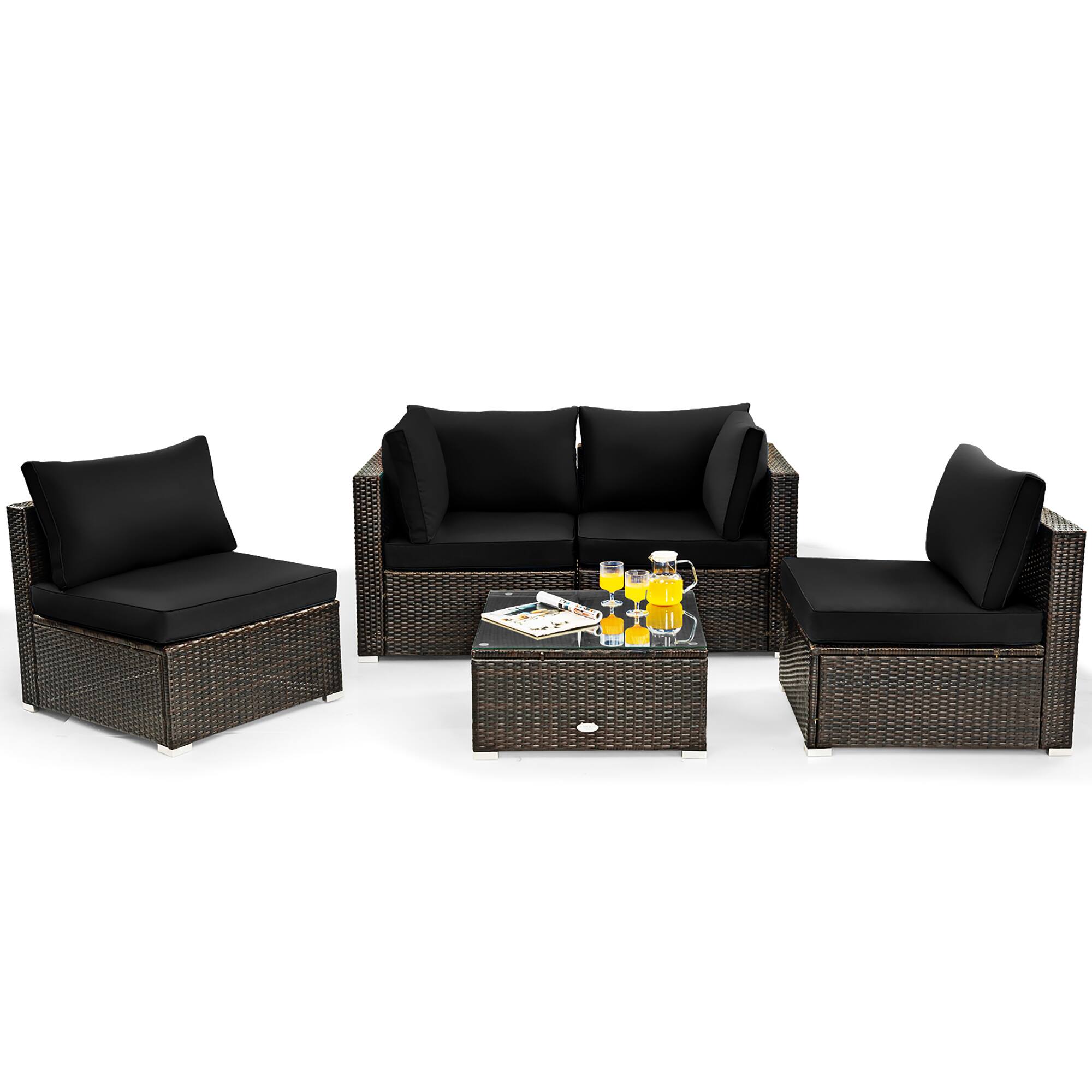 Back. Costway - 5PCS Patio Rattan Furniture Set Cushioned Sofa Chair Coffee Table - Black.
