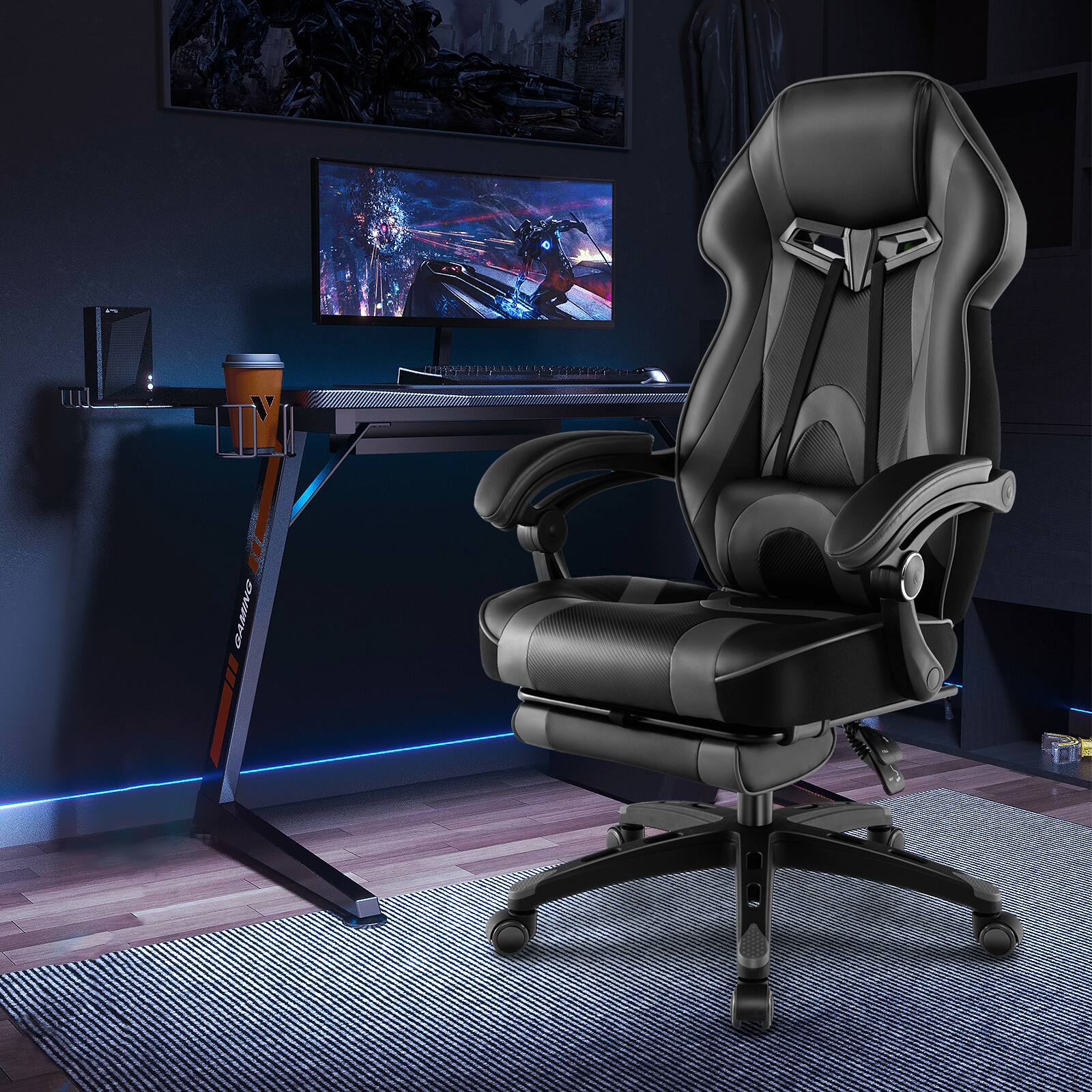 Alt View 8. Ecooso - Gaming Chair Racing Style Swivel Chair with Footrest and Adjustable Lumbar Pillow - Grey.
