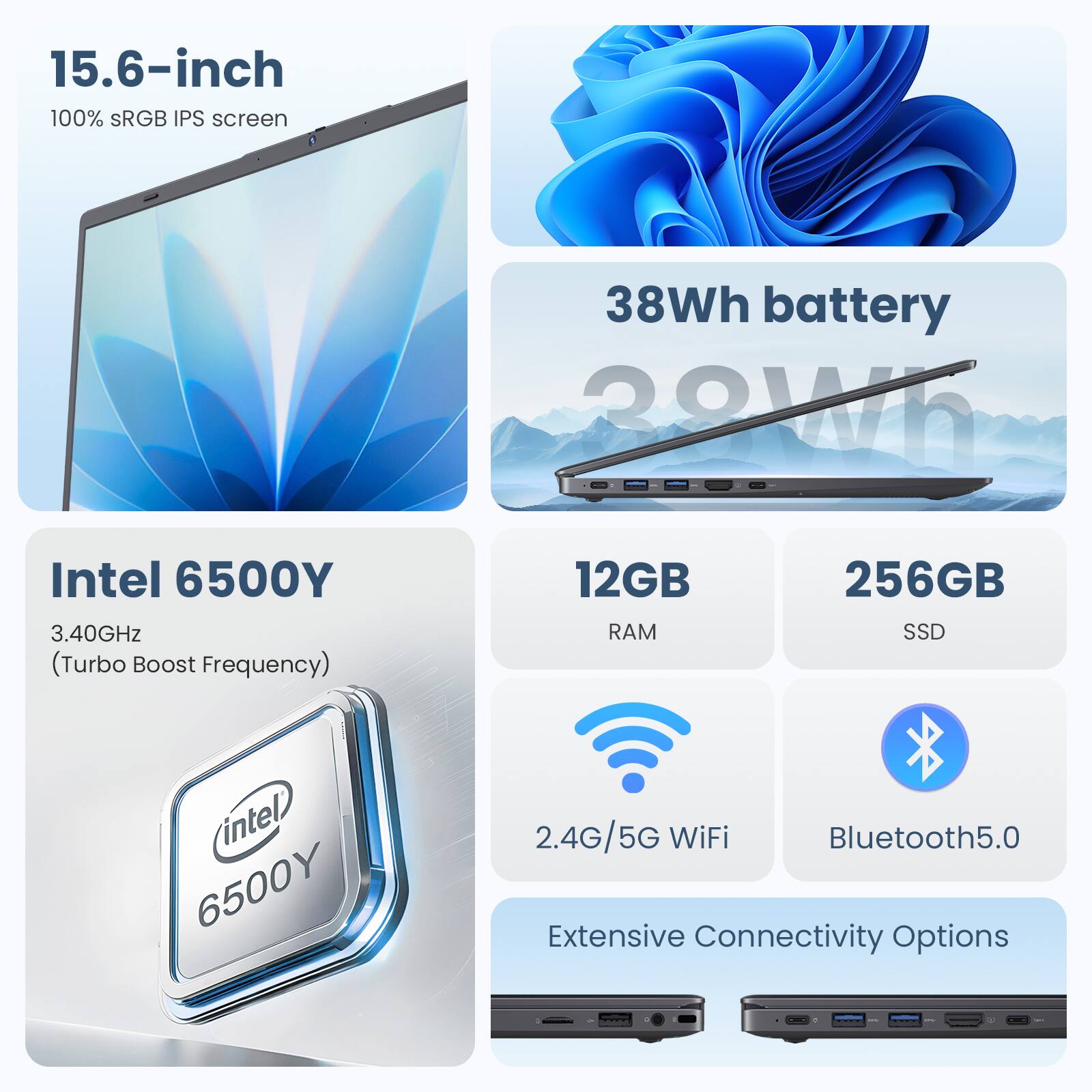 15.6-inch 100% sRGB IPS screen  
38Wh battery  
Intel 6500Y 3.40GHz (Turbo Boost Frequency)  
12GB RAM  
256GB SSD  
2.4G/5G WiFi Bluetooth5.0 Extensive Connectivity Options