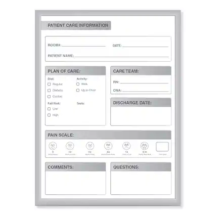 PATIENT CARE INFORMATION
ROOM#:
DATE:
PATIENT NAME:
PLAN OF CARE:
Diet:
☐ Regular
☐ Diabetic
☐ Cardiac
Activity:
☐ Walk
☐ Up in Chair
Fall Risk:
☐ Low
☐ High
Tests:
CARE TEAM:
RN:
CNA:
DISCHARGE DATE:
PAIN SCALE:
0 - Very Happy
1-2 - Hurts a Little
3-4 - Hurts More
5-6 - Hurts Even More
7-8 - Hurts a Lot
9-10 - Hurts Real Bad
☐ Pain Goal
COMMENTS:
QUESTIONS: