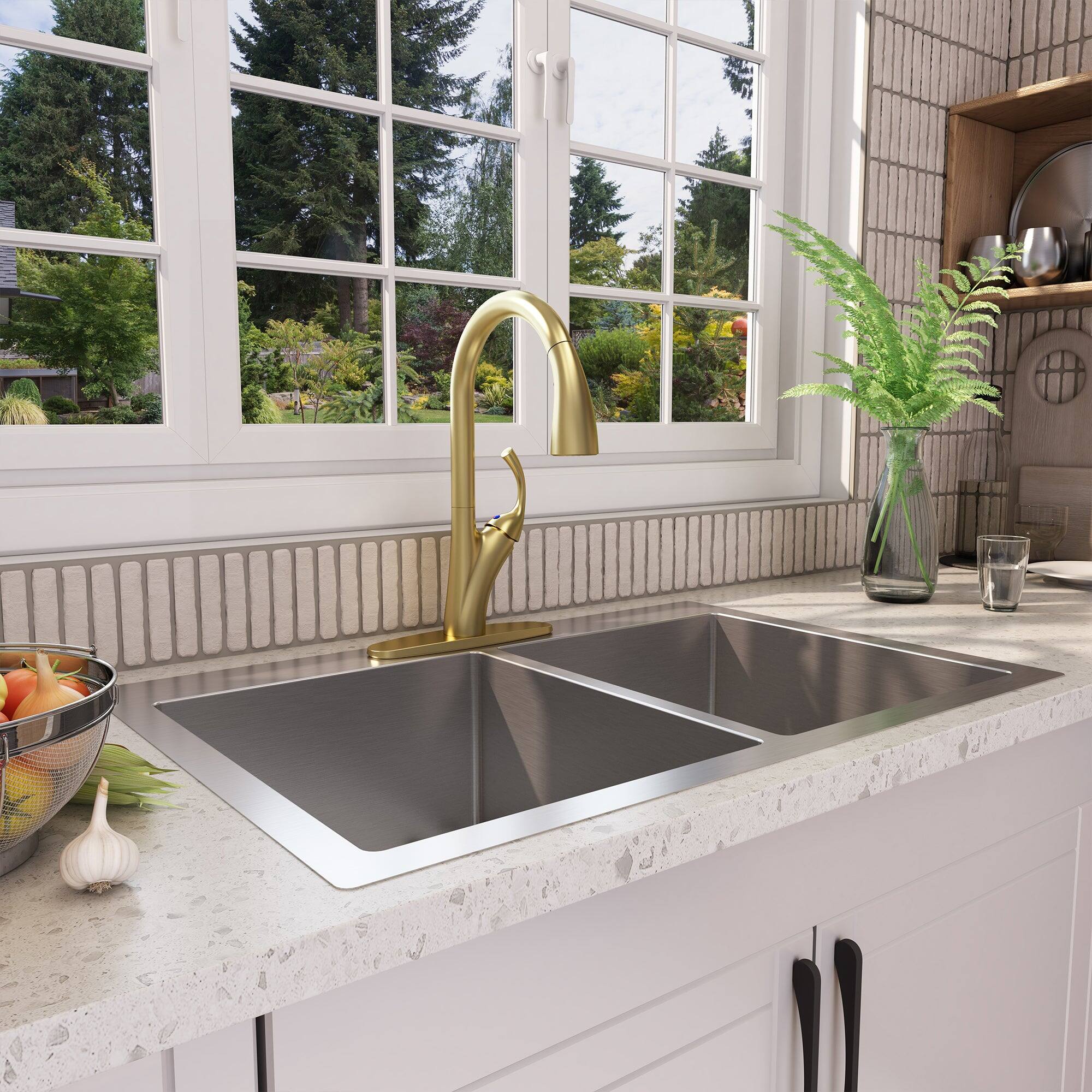 Alt View 4. Boyel Living - Stainless Steel Single Handle Pull Down Sprayer Kitchen Faucet with 3-Spray Patterns and Deck Plate in Brushed Gold - Brushed Gold.