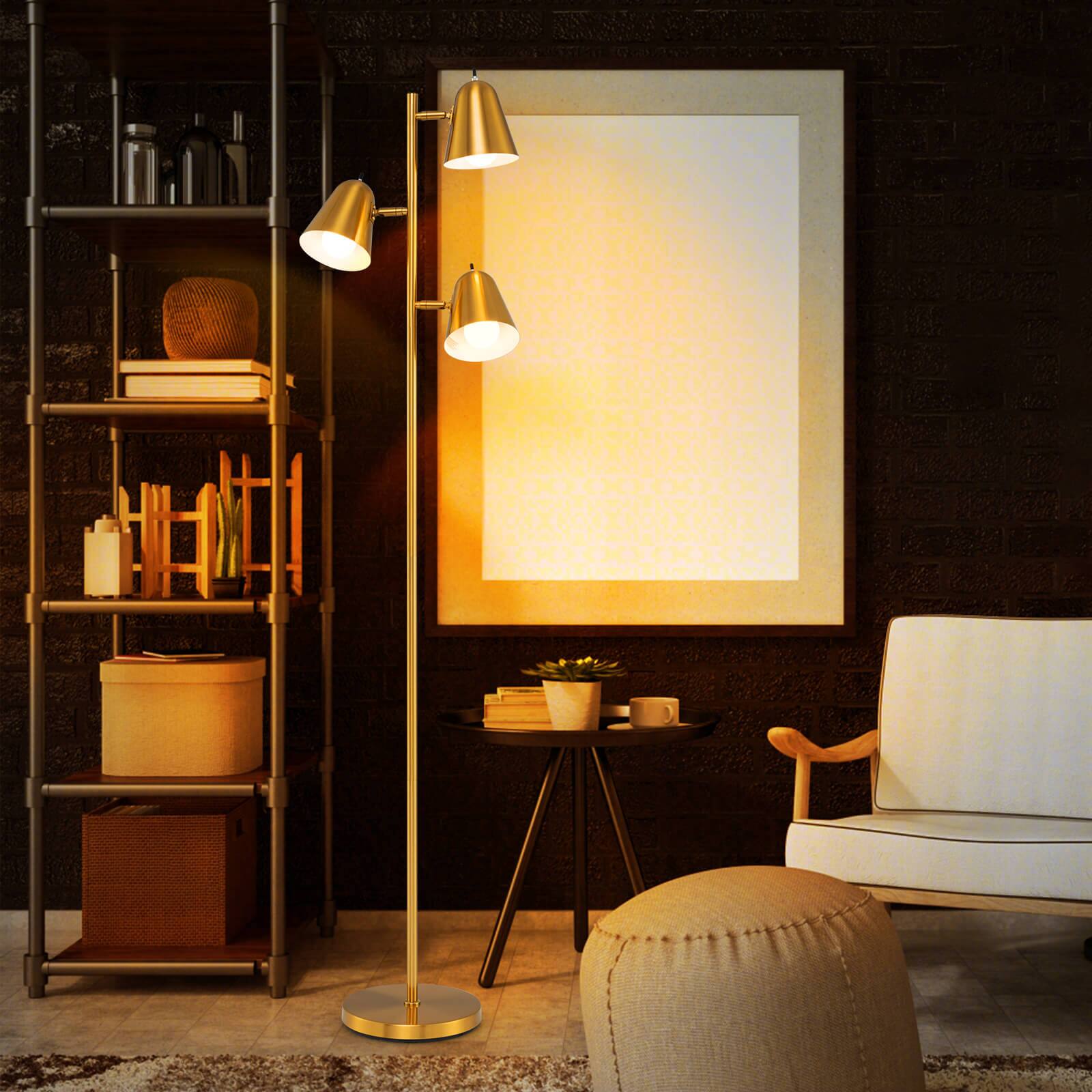 Alt View 3. Costway - Costway 3-Bulb Floor Lamp with 3 E26 A19 Bulbs & Adjustable Lampshades Sturdy Metal Pole - Golden.