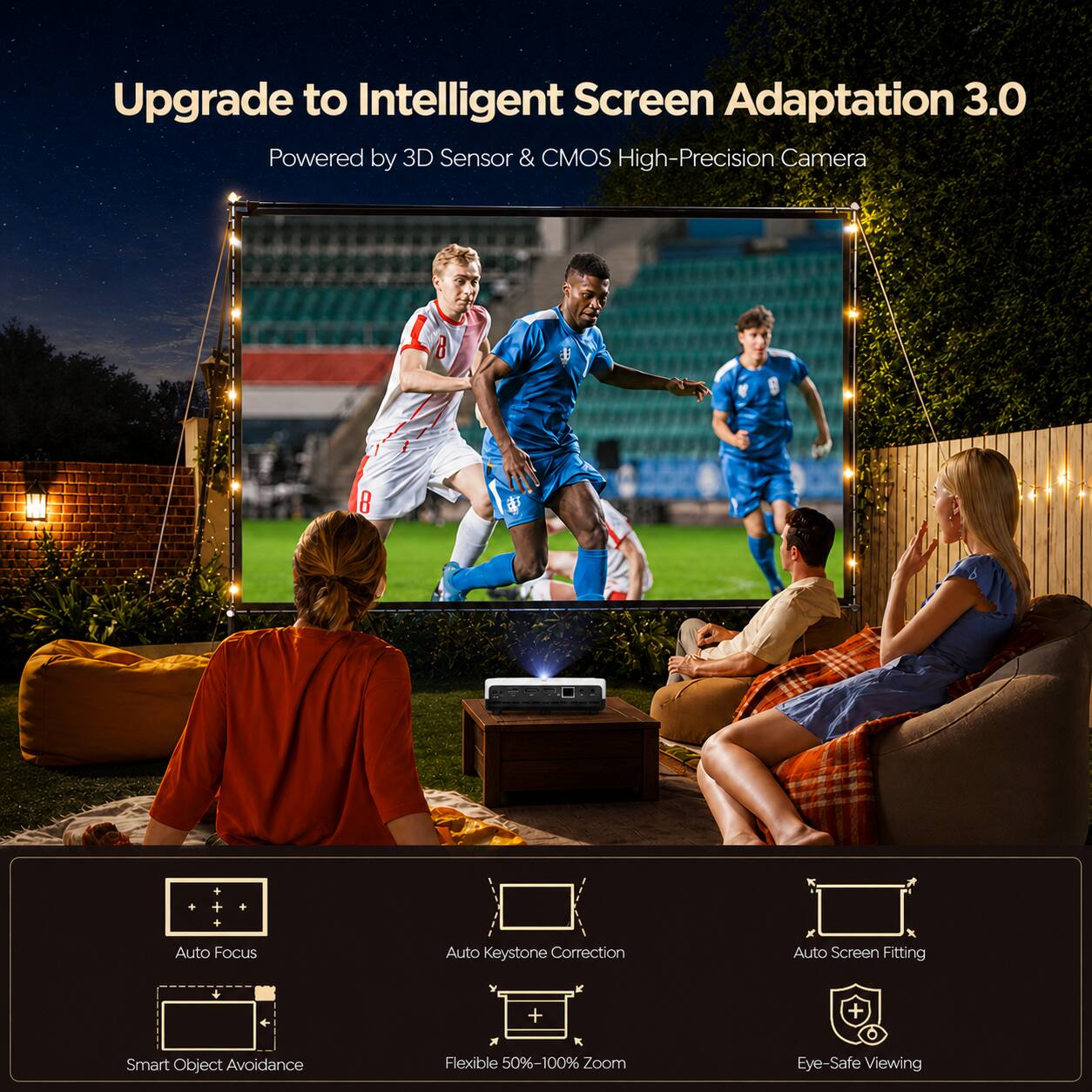 Upgrade to Intelligent Screen Adaptation 3.0  
Powered by 3D Sensor & CMOS High-Precision Camera  
1.8 M  
8.1 K  
Auto Focus  
Auto Keystone Correction  
Auto Screen Fitting  
Smart Object Avoidance  
Flexible 50%-100% Zoom  
Eye-Safe Viewing