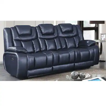 Front. Global Furniture USA - Apex Leather Power Reclining Sofa with Drop Down Table and Power Headrests - Navy Blue - Blue.