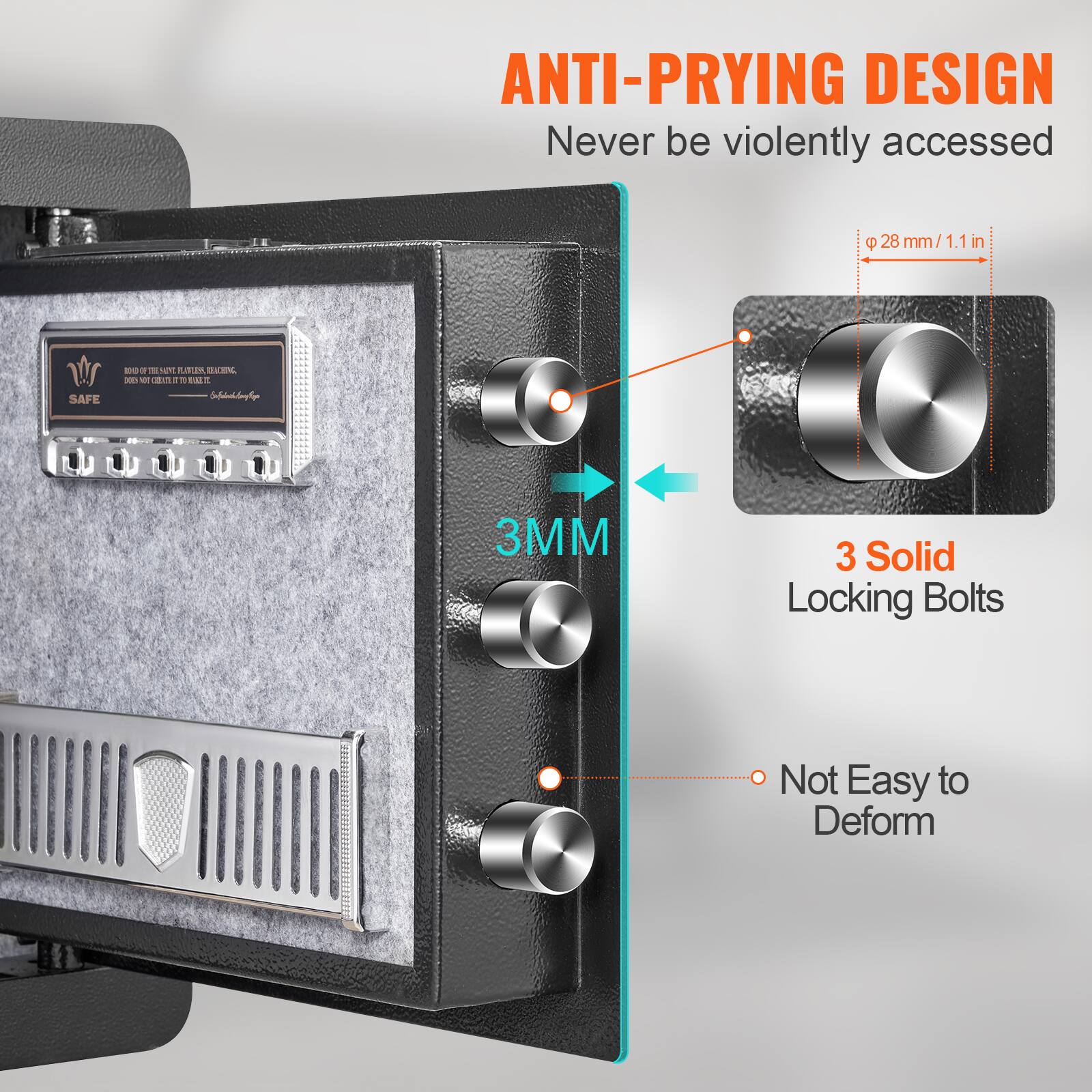 ANTI-PRYING DESIGN Never be violently accessed 28 mm/ 1.1in 3MM 3 Solid Locking Bolts Not Easy to Deform