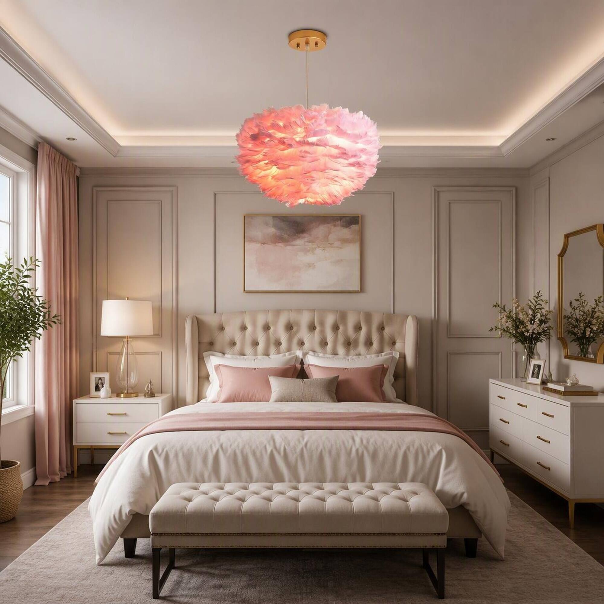 Left. RYHNUYNE - 18In Pink 3-Light Feather Chandelier, Modern Fixture Real Goose Feathers Adjustable Hanging For Girls Bedroom - Pink.
