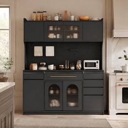 RYHNUYNE - Freestanding 63 Inch Buffet with Hutch, Coffee Bar Storage Cabinet with 6 Drawers and Power Outlet - Black
