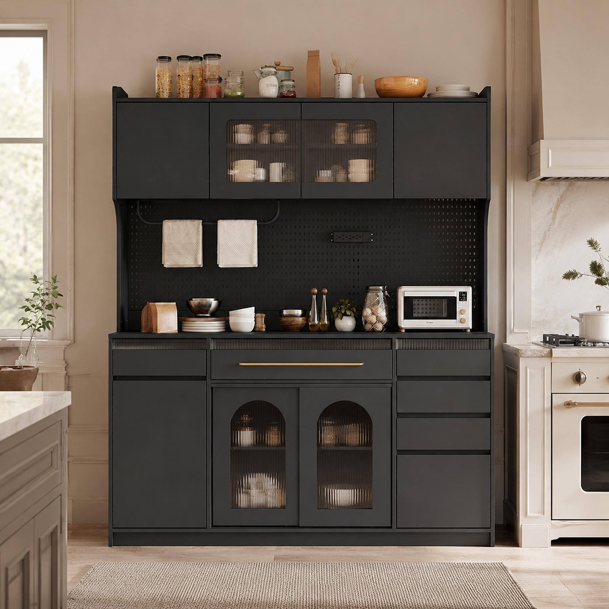 Front. RYHNUYNE - Freestanding 63 Inch Buffet with Hutch, Coffee Bar Storage Cabinet with 6 Drawers and Power Outlet, Black - Black.