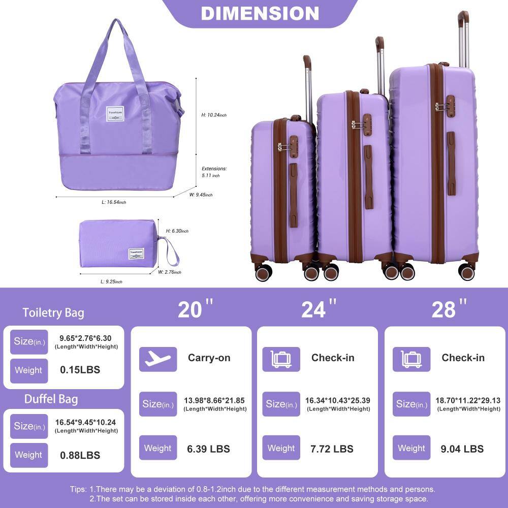 **DIMENSION**

**Toiletty Bag**
- Size (in): 9.65" x 2.76" x 6.30"
- Weight: 0.15 LBS

**Duffel Bag**
- Size (in): 16.54" x 9.45" x 10.24"
- Weight: 0.88 LBS

**20" Carry-on**
- Size (in): 13.98" x 8.66" x 21.85"
- Weight: 6.39 LBS

**24" Check-in**
- Size (in): 16.34" x 10.43" x 25.39"
- Weight: 7.72 LBS

**28" Check-in**
- Size (in): 18.70" x 11.22" x 29.13"
- Weight: 9.04 LBS

**Tips:**
1. There may be a deviation of 0.8-1.2 inch due to the different measurement methods and persons