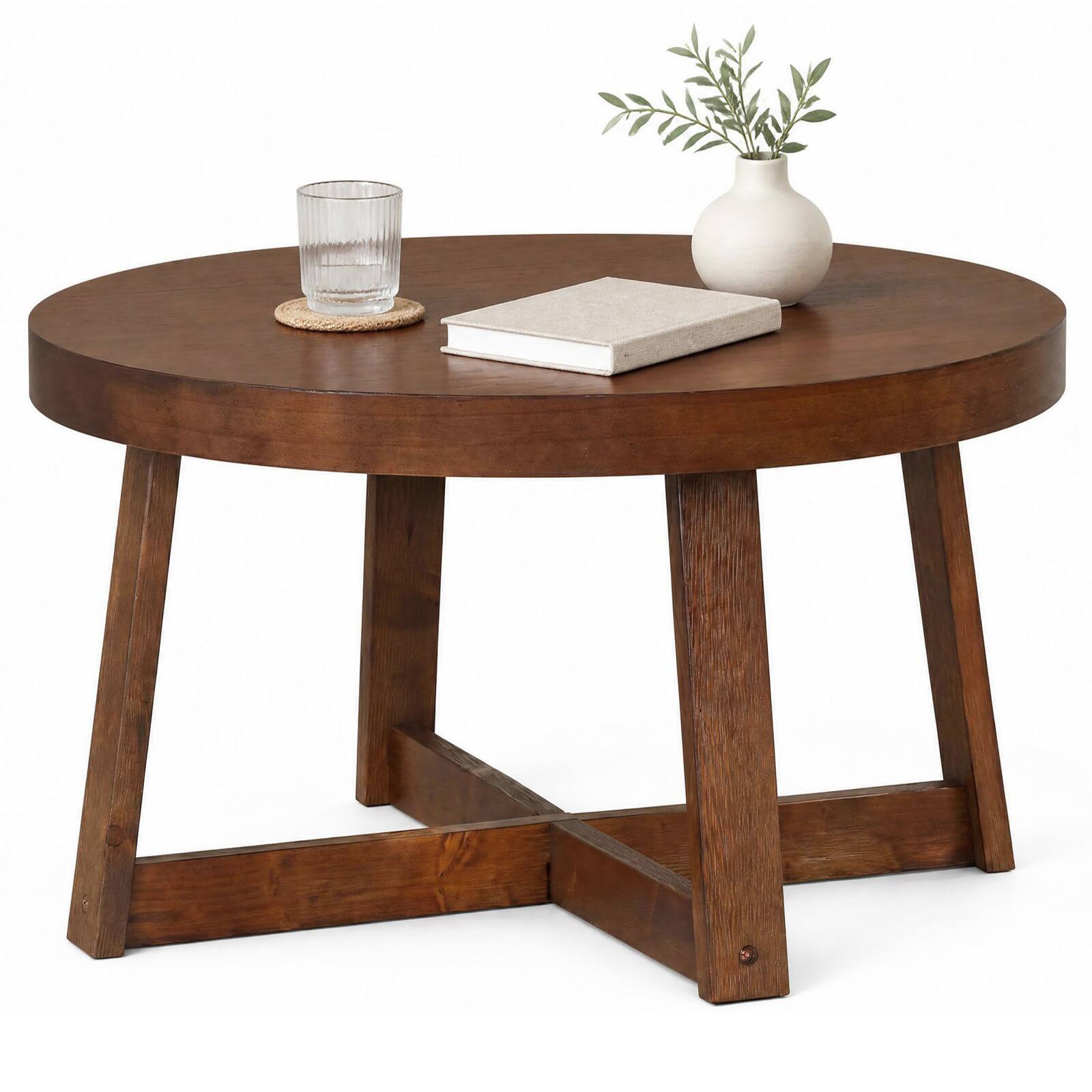 Alt View 1. Costway - Costway 30" Wood Round Coffee Table with Thickened Top Cross-shaped Support Frame for Living Room - Walnut.