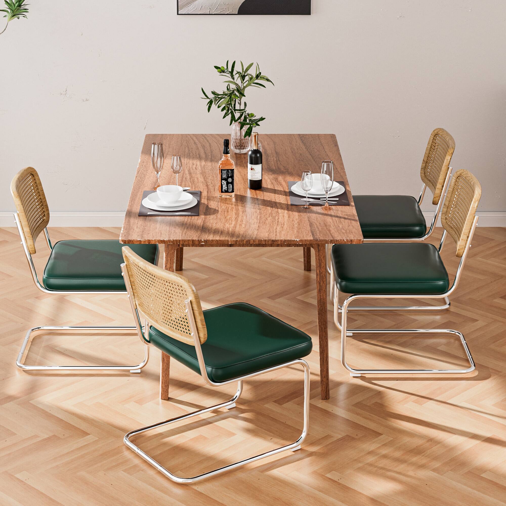 Alt View 4. KERDOM - 2 Pcs Natural Rattan Dining Chairs, PU Leather Kitchen Chairs, Cane Mesh Back, Patio Coffee Corner Chair Cesca Style - Green.