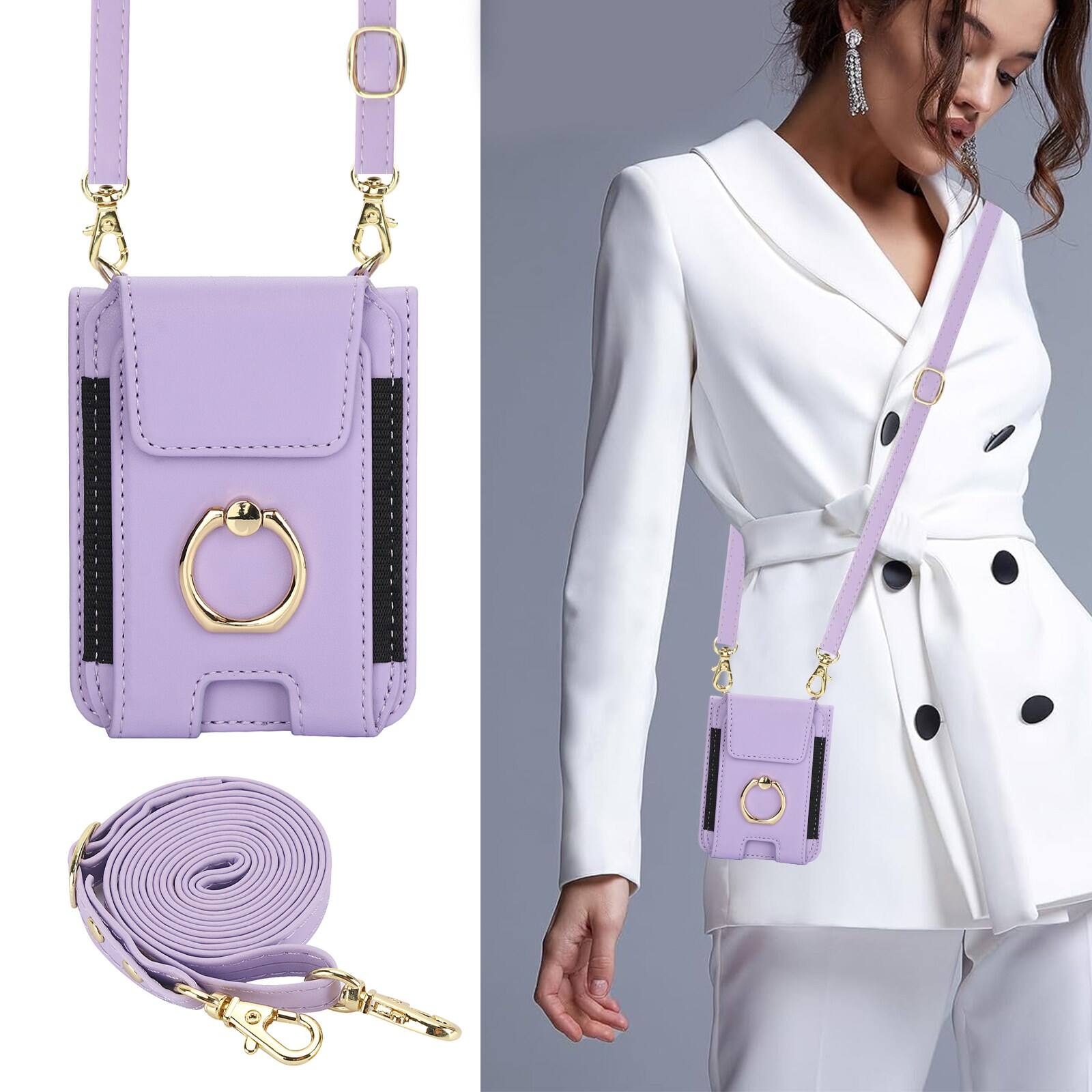 Back. Dteck - For Motorola Razr (2025) Shockproof Leather Ring Kickstand Protective Wallet Case with Shoulder Strap / Lanyard - Purple.