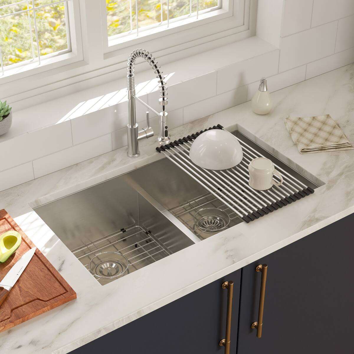 Front. Ropilly - Ropilly 36 inch undermount double bowl kitchen sink, 16 gauge t304 stainless steel sink, 36 x 19 x 10 in - Brushed Nickel.