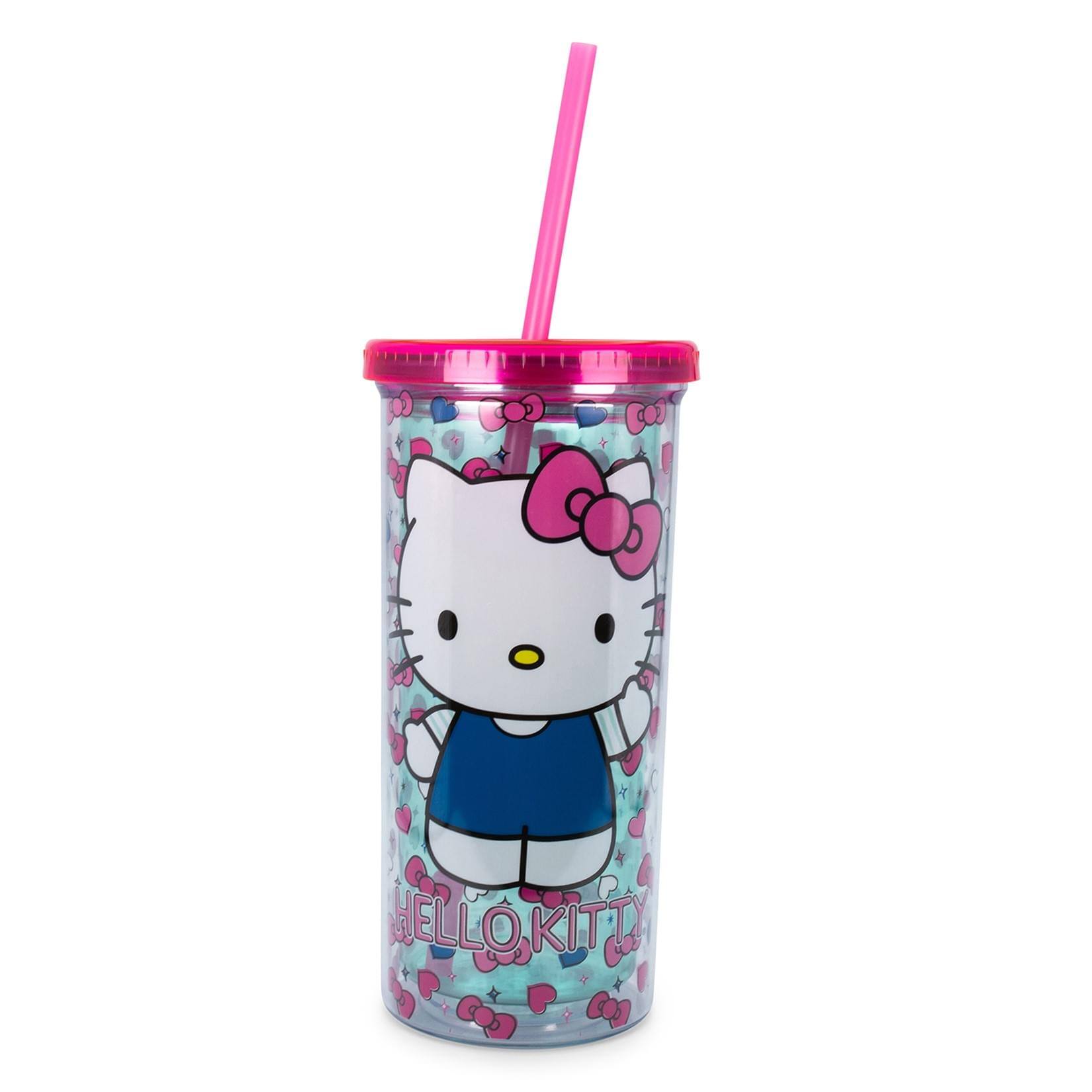 Front. Silver Buffalo - Hello Kitty Bows and Hearts Carnival Cup with Lid and Straw | Holds 20 Ounces - Pink.