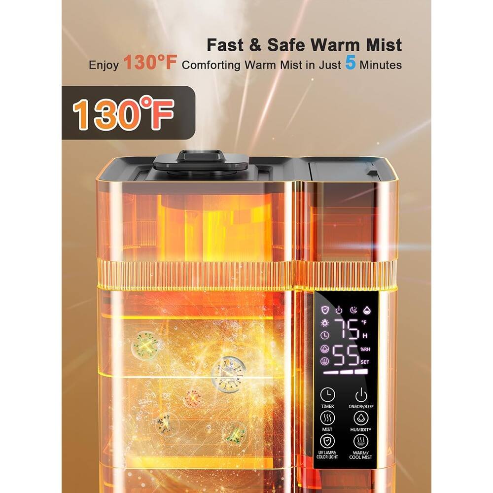 Fast & Safe Warm Mist  
Enjoy 130°F Comforting Warm Mist in Just 5 Minutes  

130°F  

75°F  
55% RH  

SET  
TIMER  
ON/OFF/SLEEP  
MIST  
HUMIDITY  
UV LAMP & COLOR LIGHT  
WARM/COOL MIST